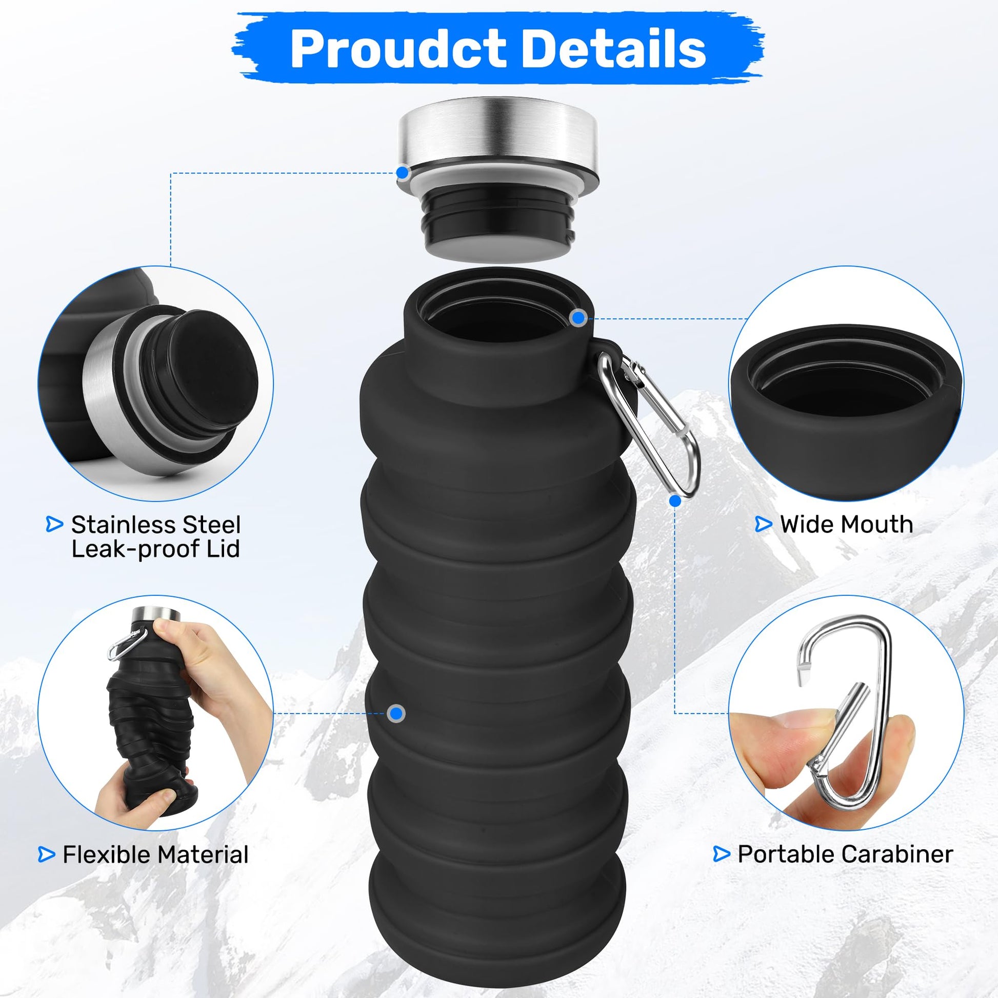 Rotayi Collapsible Water Bottle, 16oz Portable Reusable Silicone Water Bottle with Carabiner for