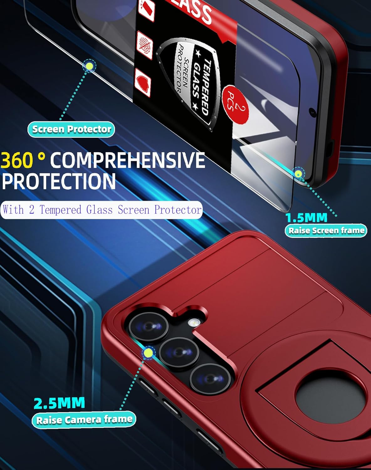 for Samsung Galaxy S24 FE Case Magnetic Compatible with MagSafe Wireless Charging,with 2 Screen Protectors,for S24 FE Case with Stand Ring Anti-Scratch Shockproof Heavy Duty Protection Red