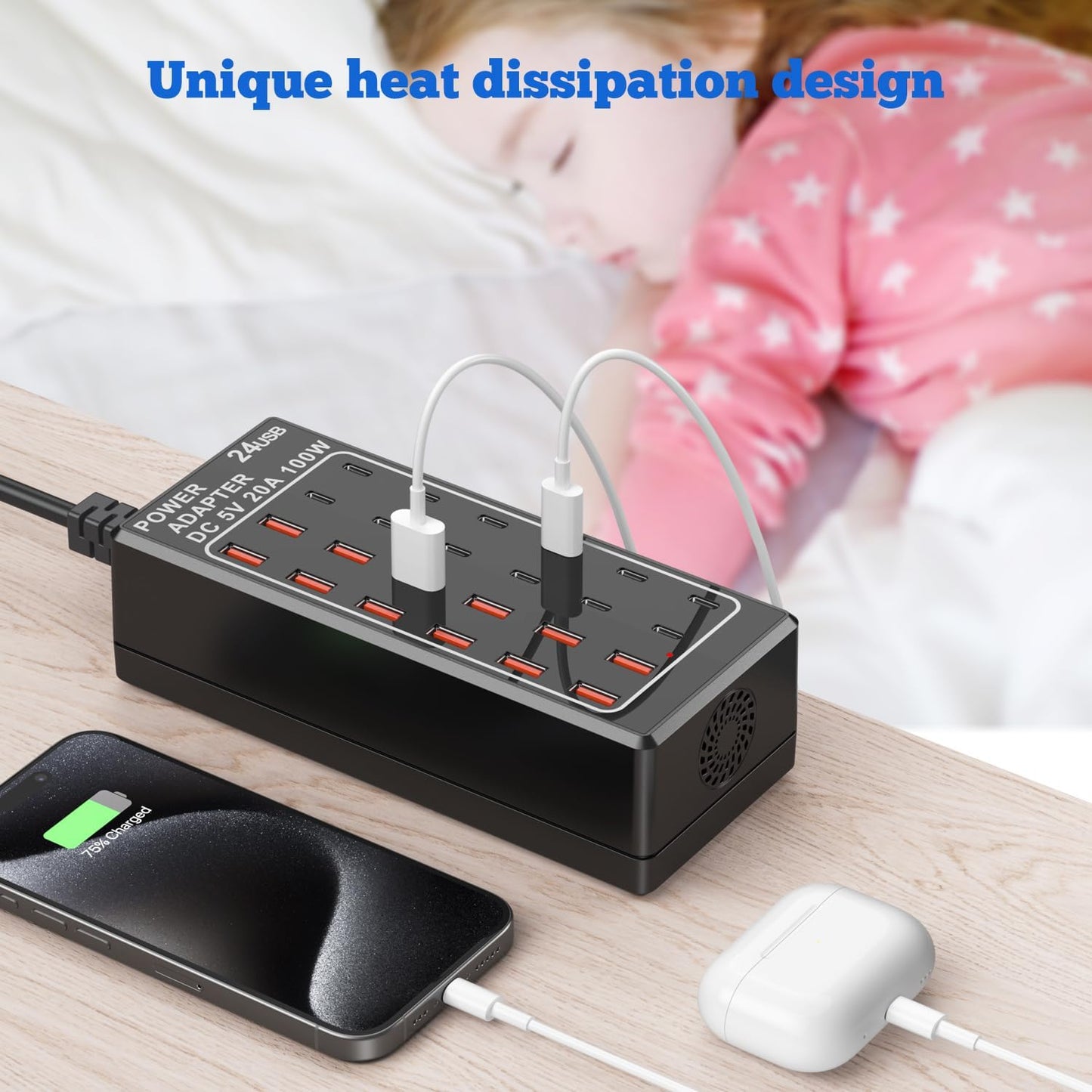 USB Charger Station, C Charging Block, 100W (20A) 24 Port Multiple USBCharger Desktop Wall Charger Hub 12 USB A 12 USB C Compatible for Apple iPhone, iPad, Samsung Galaxy, Laptop, Pixel, Phones