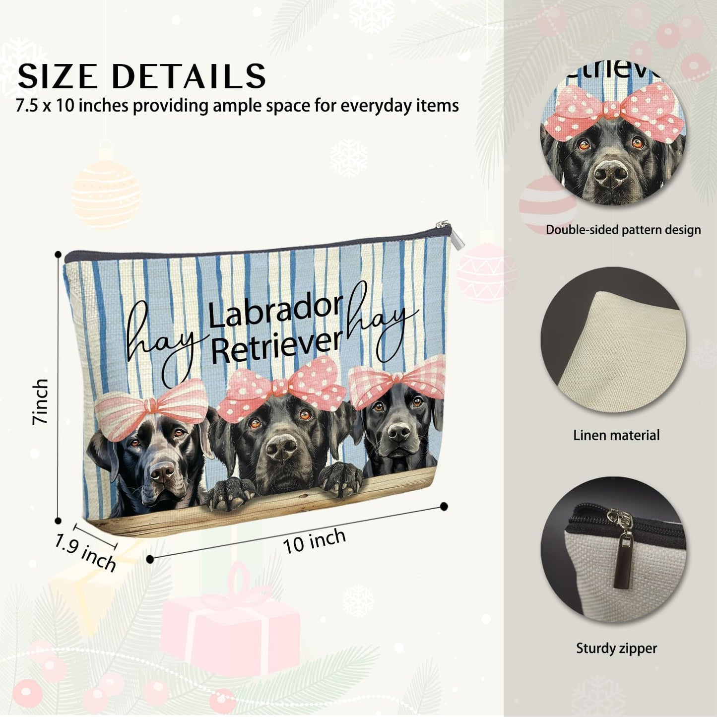 Coquette Black Labrador Retriever Makeup Bag Gifts for Women, Preppy Bow Black Lab Cosmetic Bag, Girly Blue and White Striped Dog Zipper Makeup Pouch Travel Toiletry Bag