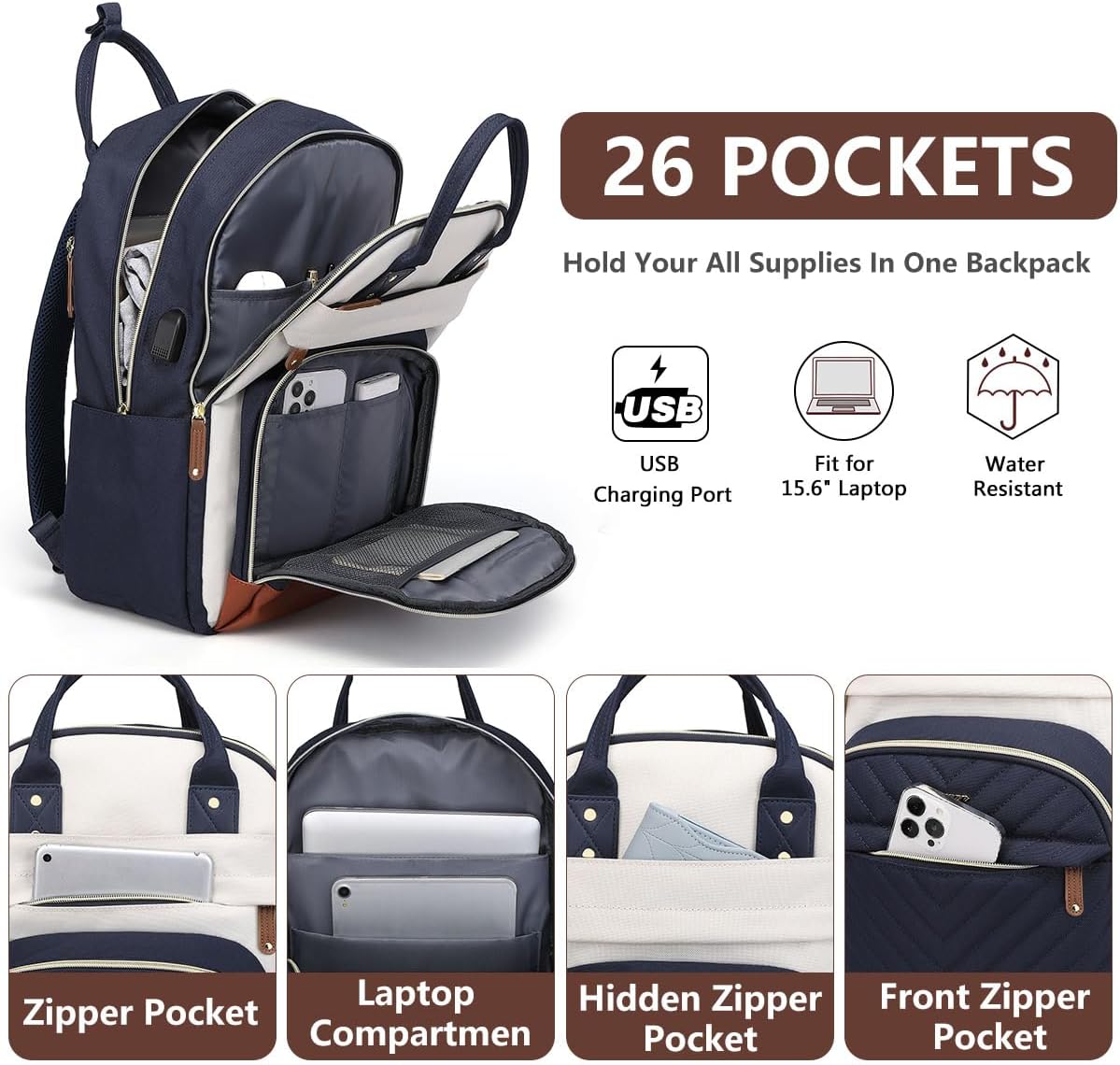 Laptop Backpack for Women Work Bookbag: 17.3 Inch College Backpacks with USB Charger School Book Bag Waterproof Travel Computer Back Pack Anti-Theft Casual Bookbags for Girls Teacher Nurse Navy Blue