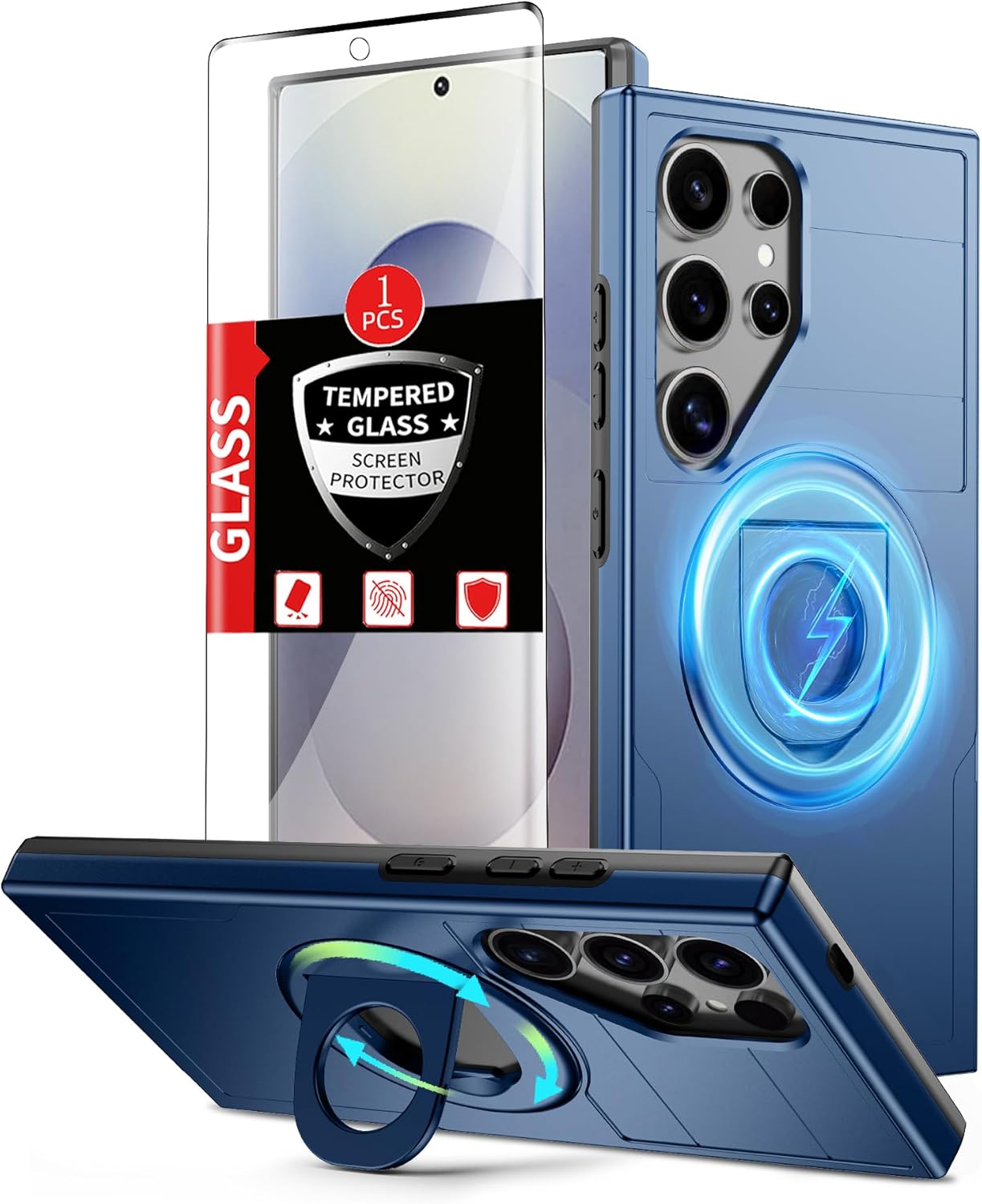 for Samsung Galaxy S25 Ultra Case Magnetic Compatible with MagSafe Wireless Charging,with 1 Screen Protector,Built-in 360° Kickstand Ring Anti-Scratch Shockproof Heavy Duty Protection Blue