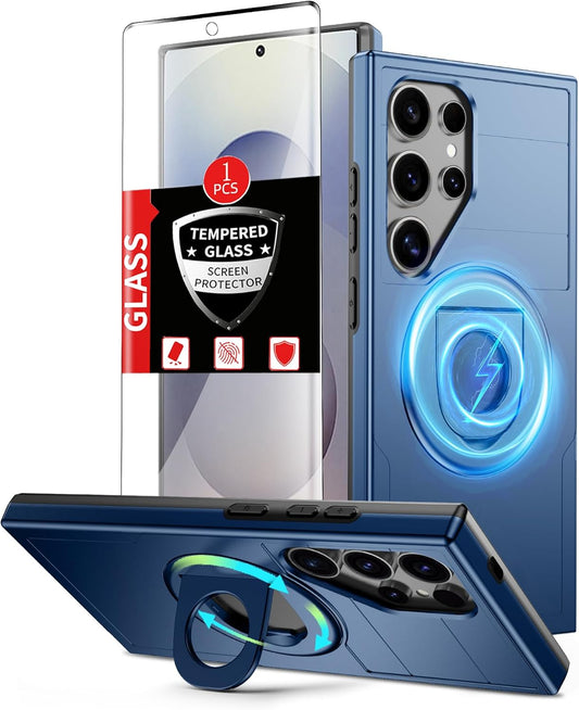 for Samsung Galaxy S25 Ultra Case Magnetic Compatible with MagSafe Wireless Charging,with 1 Screen Protector,Built-in 360° Kickstand Ring Anti-Scratch Shockproof Heavy Duty Protection Blue