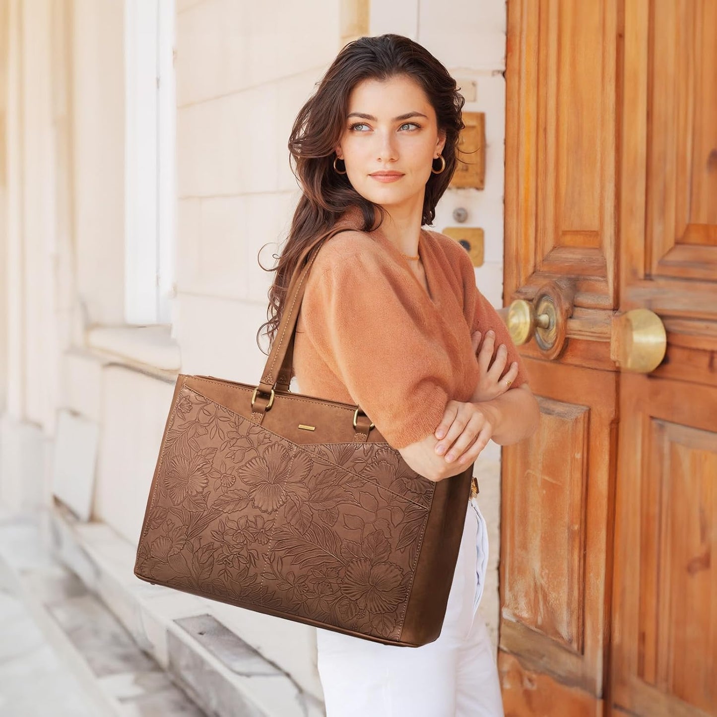 LOVEVOOK Laptop Bag for Women,15.6 Inch Laptop Tote Bag for Women,Vintage Leather Work Tote Bags Computer Business Teacher Bag,Waterproof Office Briefcase