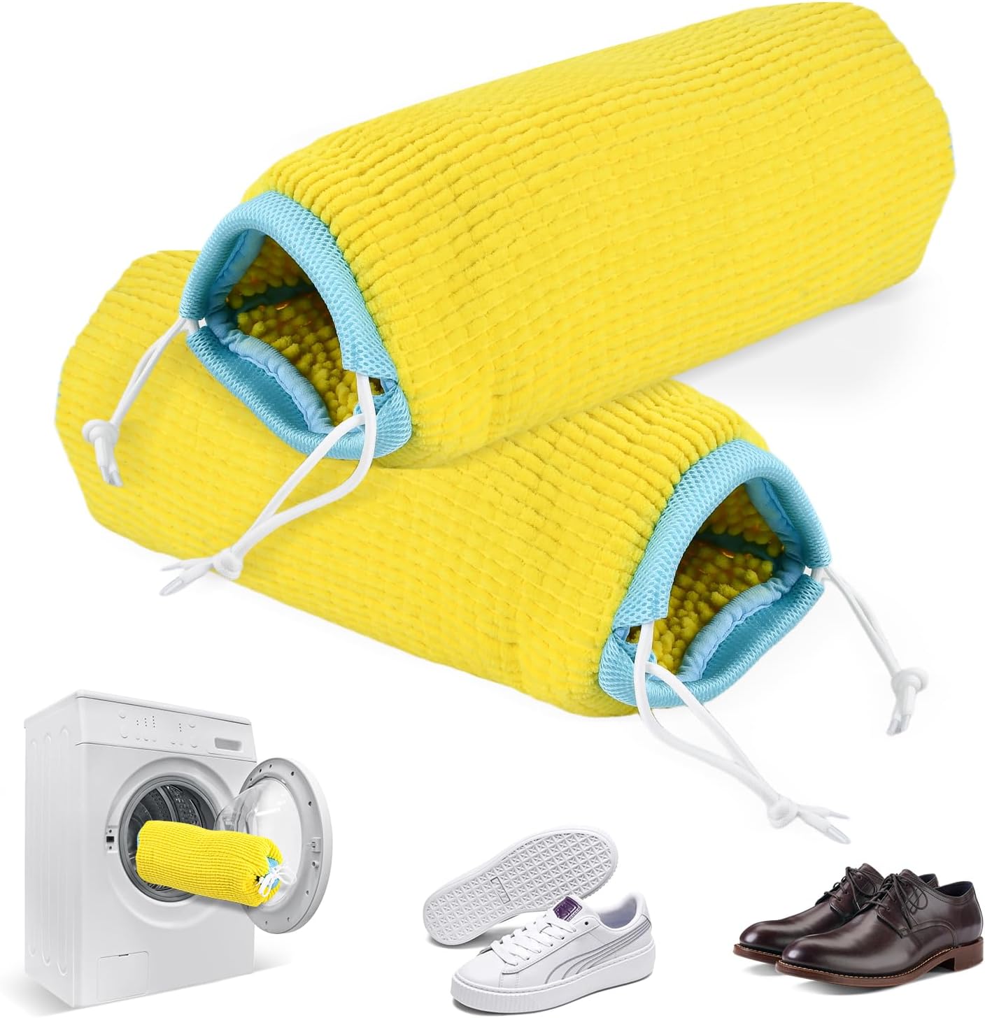 2Pcs Shoe Washing Machine Bag, Reusable Shoe Laundry Bag, Sneaker Washing Machine Bags, Shoe Cleaning Wash Bag with 360° Cleaning Fibers & Adjustable Drawstring, Fits Most Shoes Washer (Yellow)