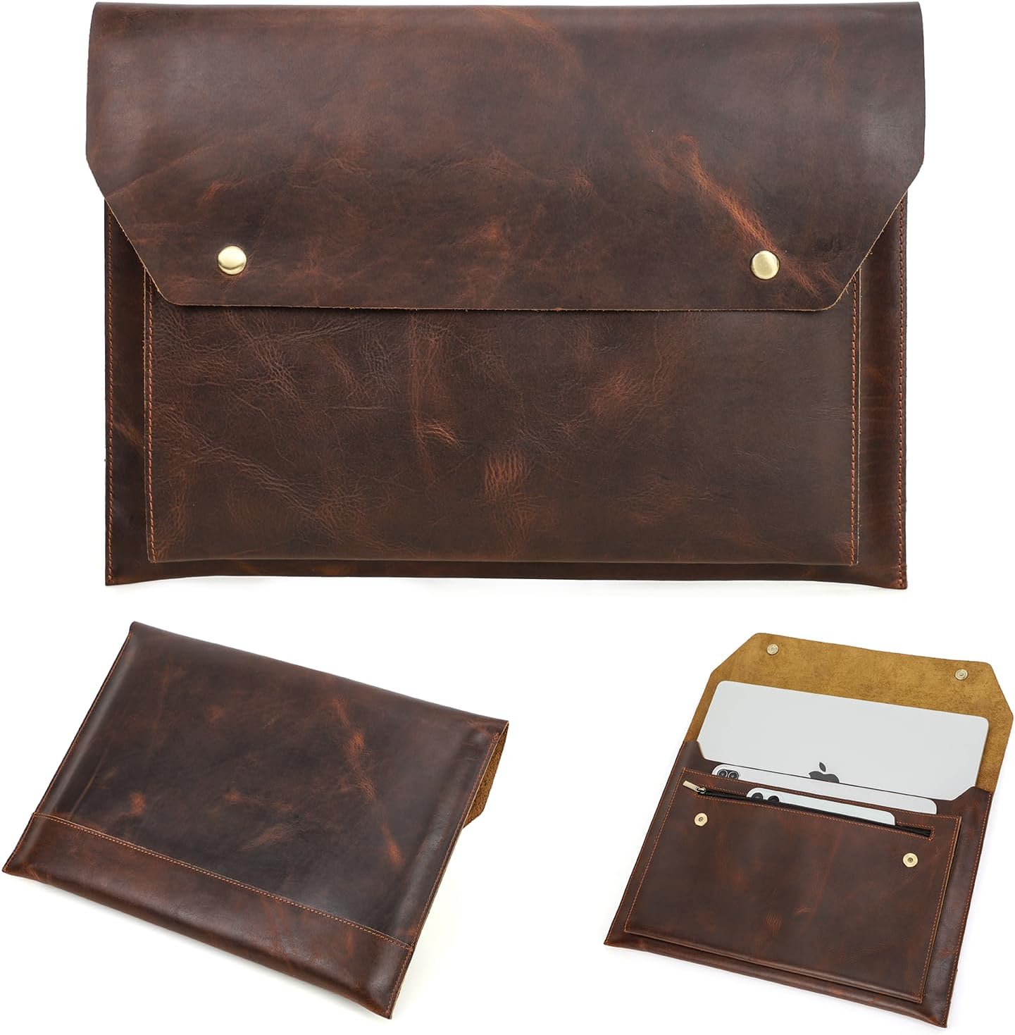 Top Grain Leather 14.2" Laptop Sleeve Bag, Magnet Snap Button Design & 3 Pockets, Compatible with