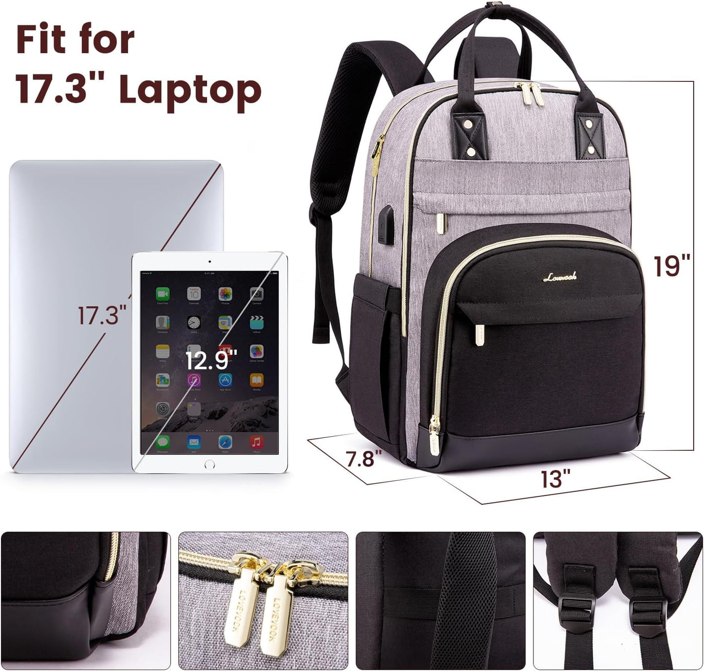 LOVEVOOK Backpack for Women,Laptop Backpack Women,Fits 17 Inch Laptop Bag,School Backpacks,Fashion Travel Work Anti-theft Bag,Waterproof Business Computer College Backpack Purse,Grey-Black-Balck