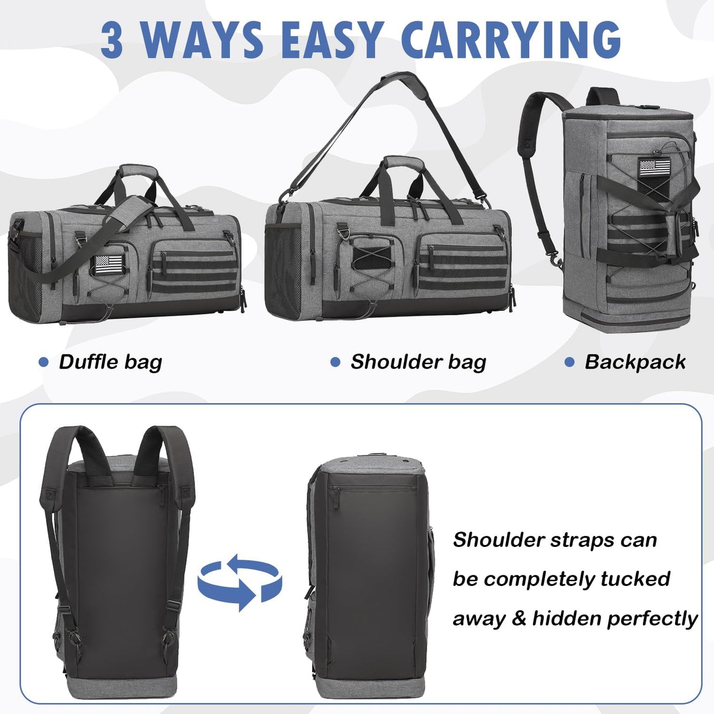 Gym Bag for Men and Women, 50L Extra Large Duffle Bag, 3-in-1 Travel Sports Duffel Bags with Shoe & Laptop Compartment for Overnight Weekender Gym Traveling Workout Deployment, Black + Gray
