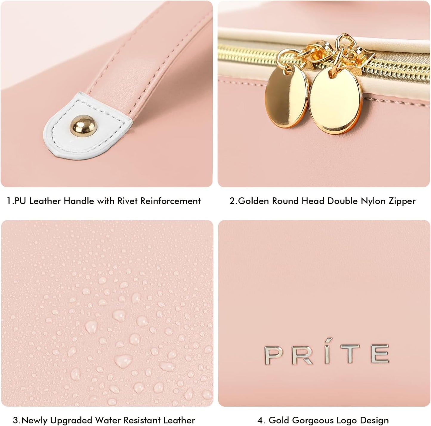 Prite Makeup Bag for Women Travel Waterproof Vegan Leather Cosmetic Bag Open Flat Toiletry Bag With