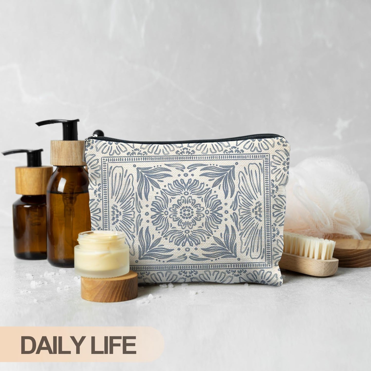 Light Blue Floral Makeup Bag - Vintage Moroccan Tile Chinoiserie Boho Blue Floral Cosmetic Bag