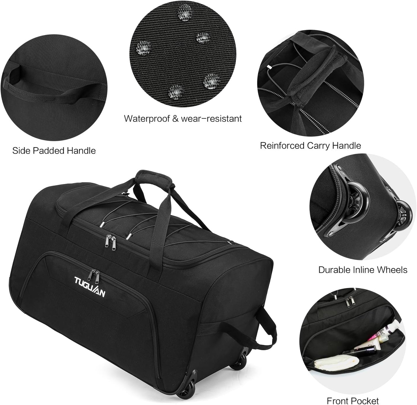 TUGUAN Extra Large Duffle Bag with Wheels Foldable 110L XL Heavy Duty Rolling Travel Duffel Bag 28 inch Collapsible Carry on Luggage for Men Women Traveling Camping, Black