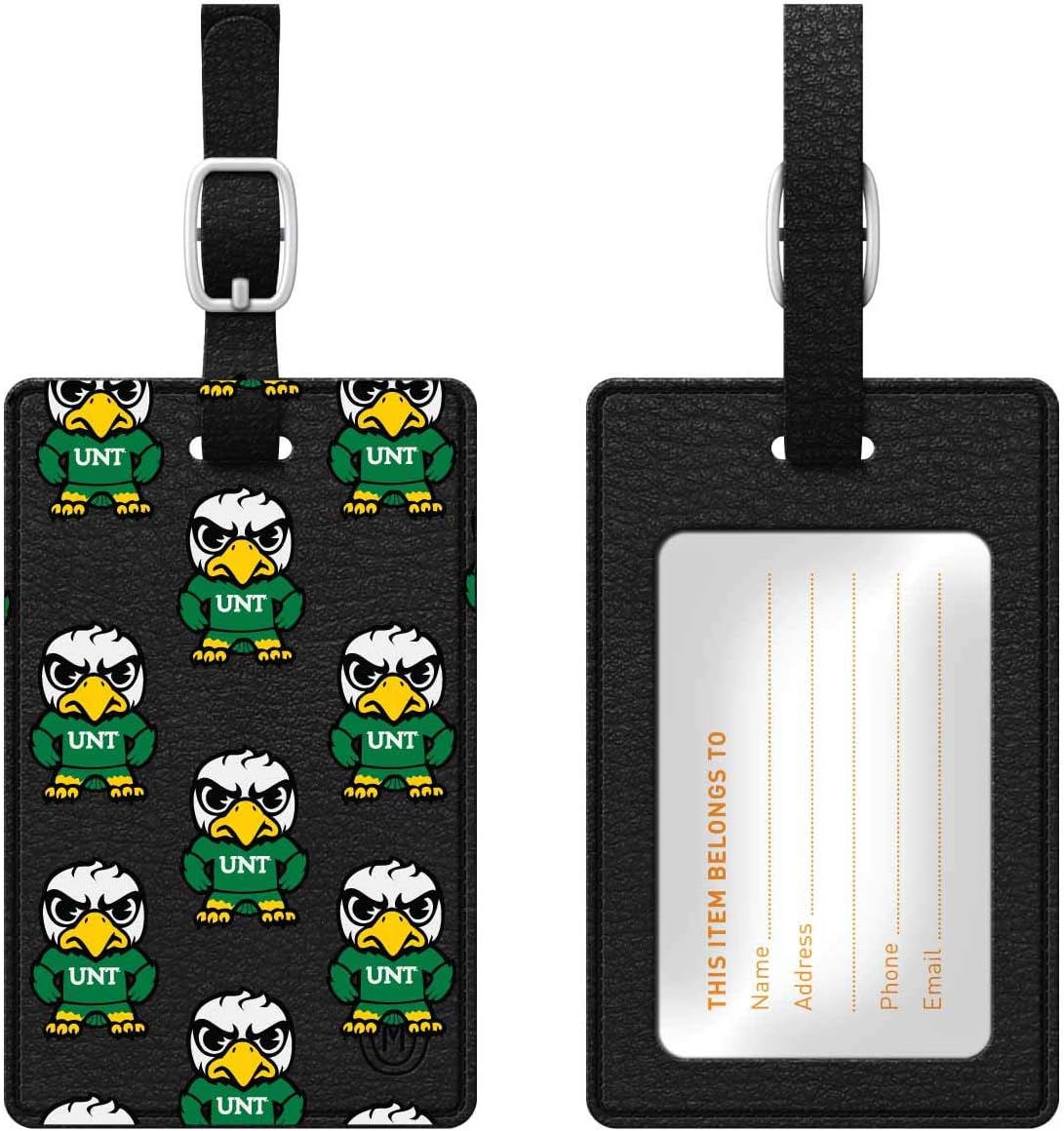 OTM Essentials University of North Texas Faux Leather Luggage Tag, Durable Travel Accessories with Adjustable Strap and ID Card, Tokyodachi Mascot A