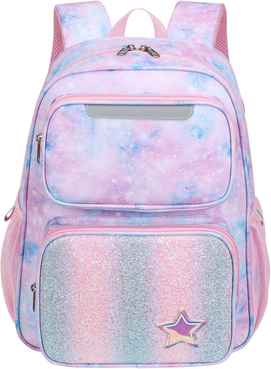 Kids Backpack for Girls - 15 Inch Backpack for Kids 3 to 8, Lightweight Bookbag for Preschool Kindergarten Elementary School, Insulated Pocket, Safe Reflective Stripe, Pink Tie-dye