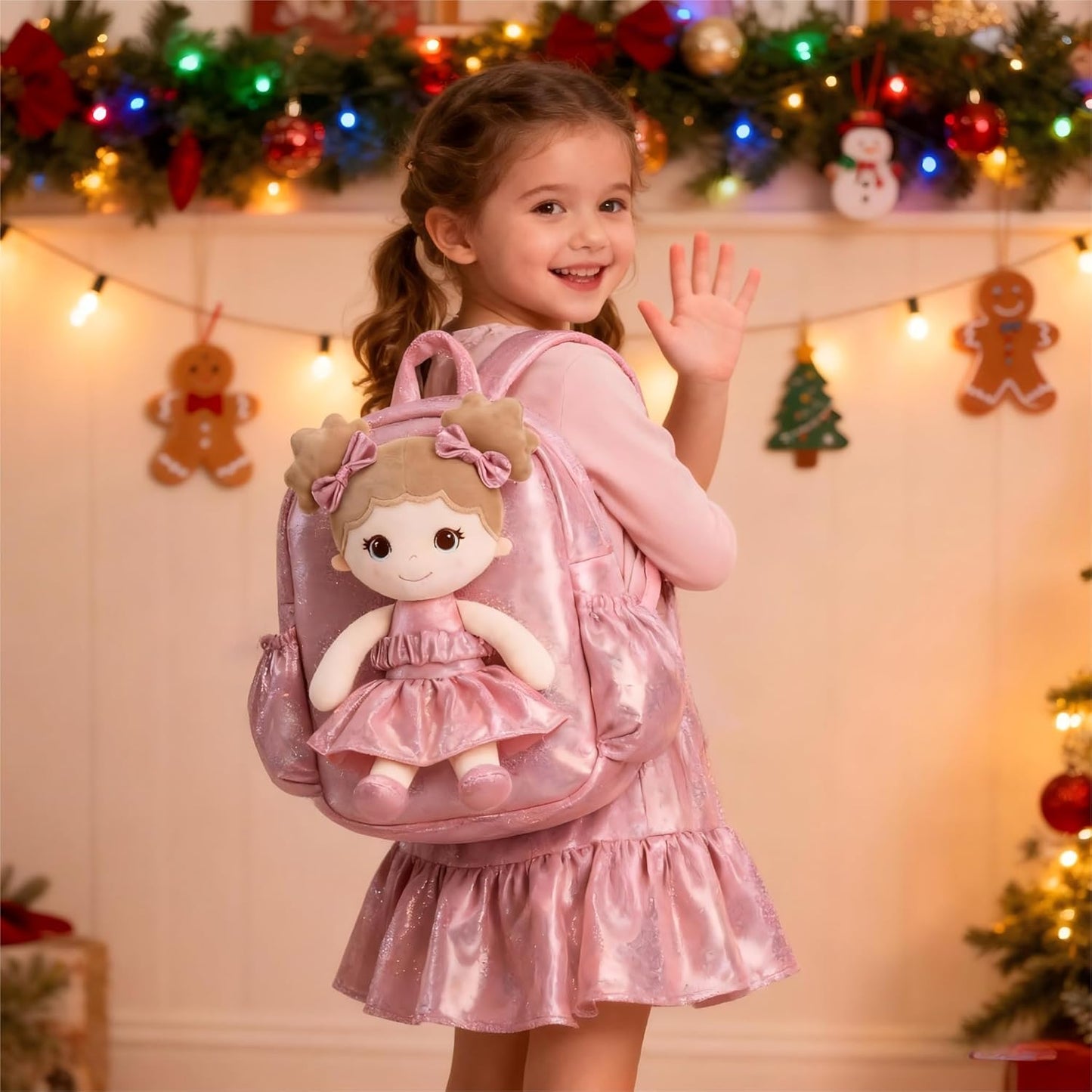 Lazada Toddler Backpack - Baby Girl Gifts Curly Fingerprints Plush Doll Dress Backpack - Fashion Girls Curly Rolled Fingerprints Series - Apricot Pink 11 Inches