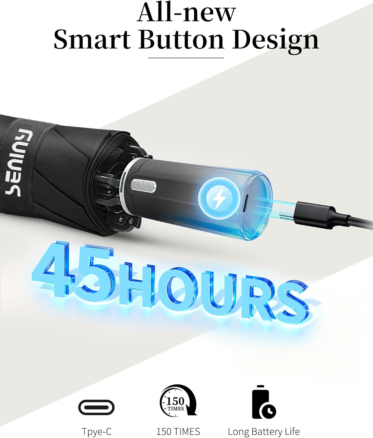 Seniny Electric Travel Umbrella with Intelligent Open Close, Rechargeable Umbrellas for Rain Windproof, Automatic Portable & Compact Umbrella with Reflective Stripe