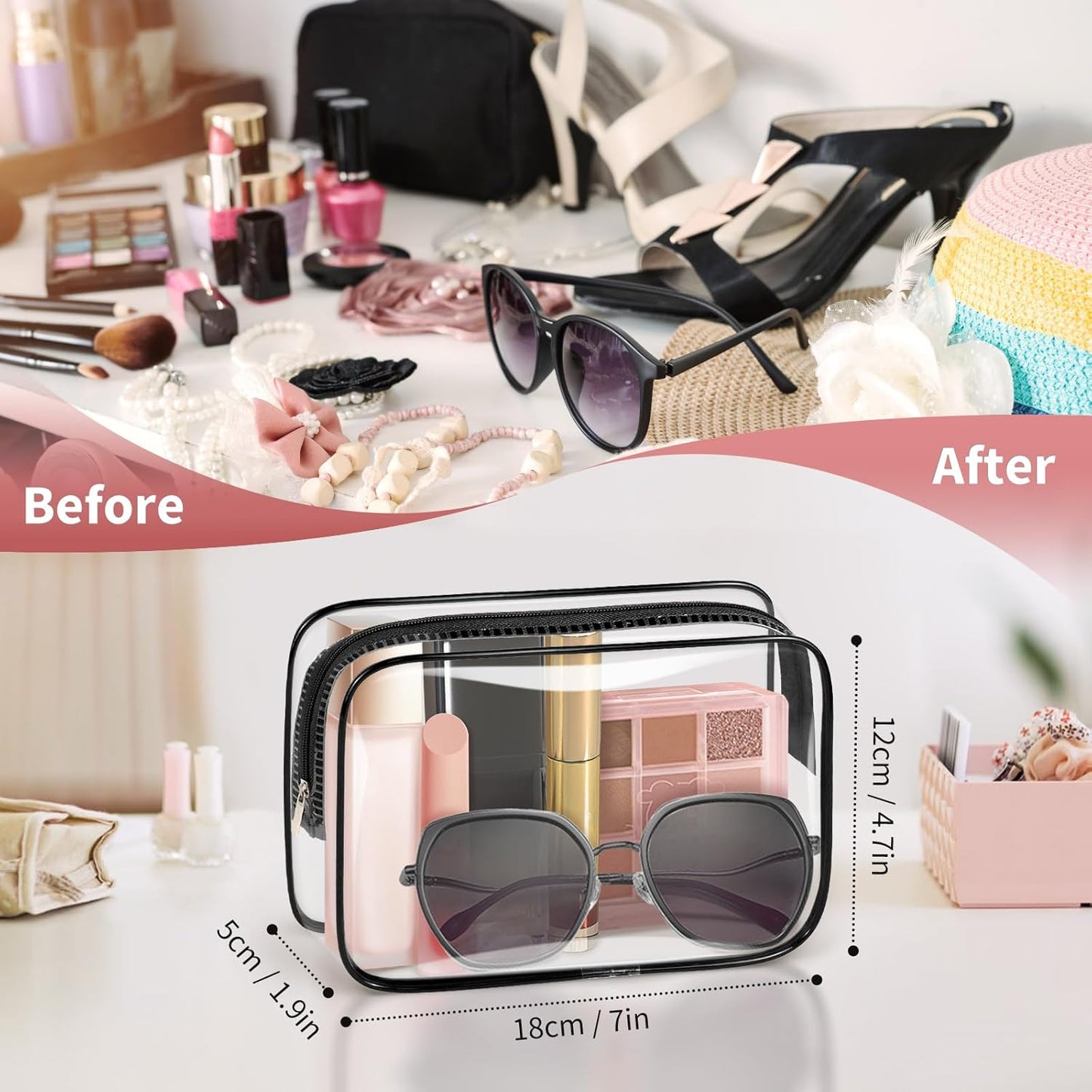 TISRATOK 12 PCS Clear Makeup Bag for Women with Zipper, TSA Approved Toiletry Pouch, Cosmetic Bag Bulk for Travel Organizer Essentials - Black,Medium
