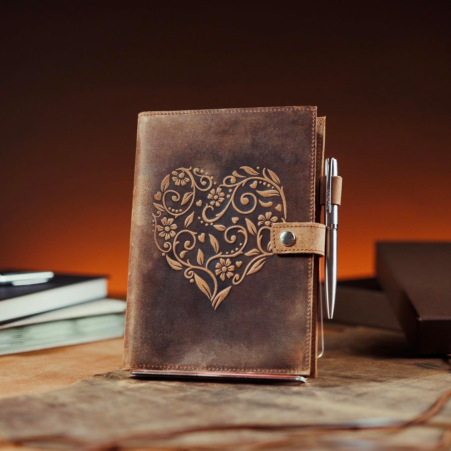 moonster Refillable Leather Journal Embossed Heart Shape Cover Design Journals with Pen – Milled A5 Leather Journal Lined Paper - Journals for Women – Vintage Journal - 320 Pages