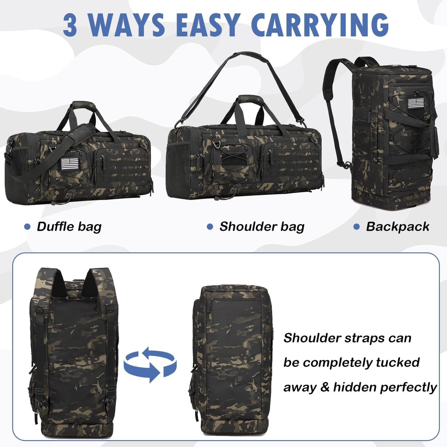 Gym Bag for Men and Women, 50L Extra Large Duffle Bag, 3-in-1 Travel Sports Duffel Bags with Shoe & Laptop Compartment for Overnight Weekender Gym Traveling Workout Deployment, Dark Camo