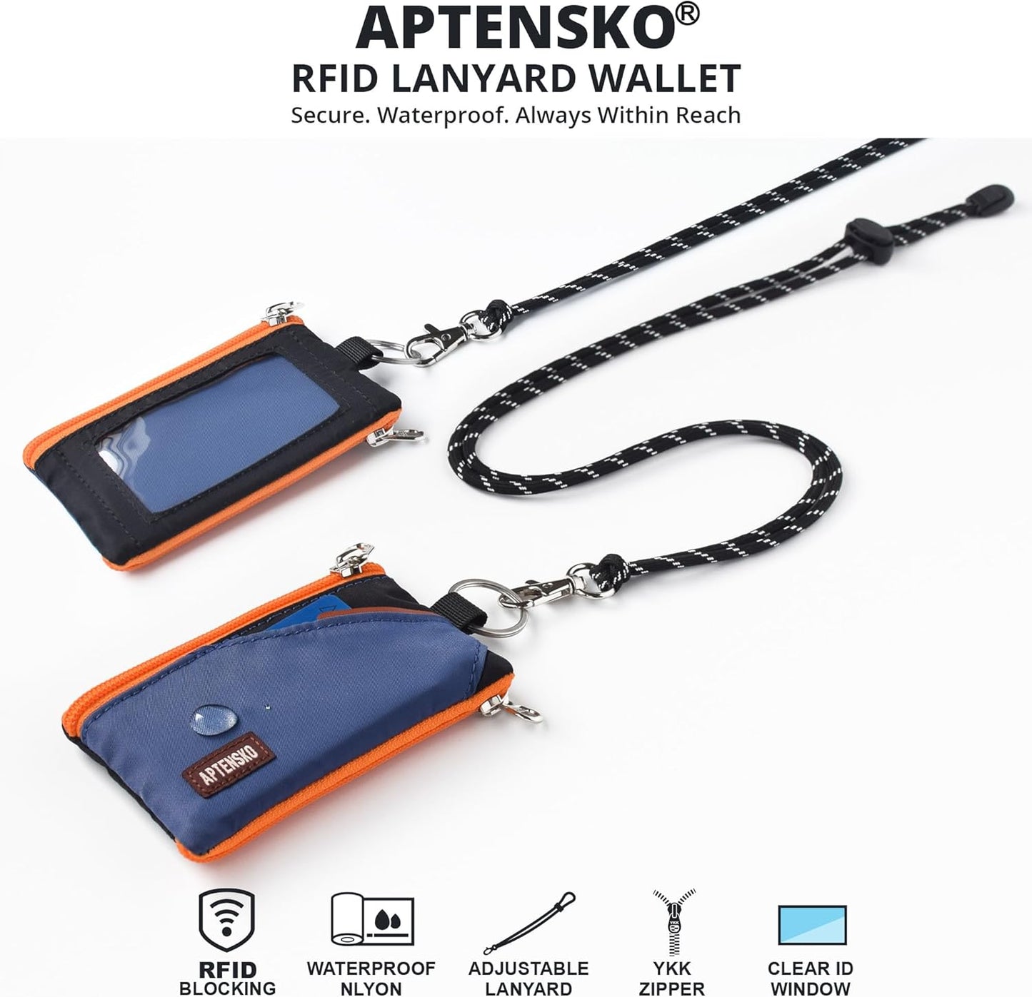 RFID Travel Wallet with Adjustable Lanyard-Zipper Small Wallet with ID Card Holder, Keychain for women&men-Minimalist Slim Waterproof Nylon case for ID, Cash, Key (Navy+Black)