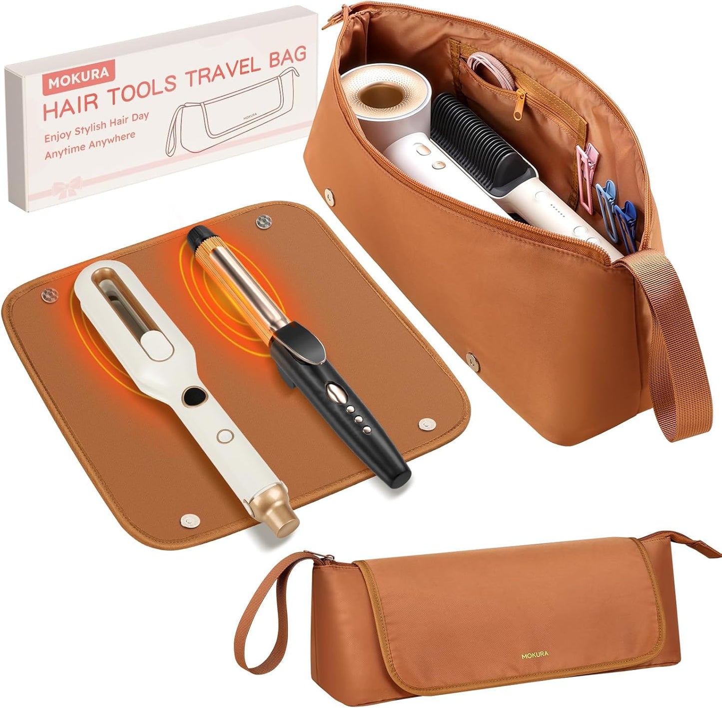MOKURA Hot Hair Tools Travel Bag with Heat Resistant Mat Removable, Hair Accessories Organizer Case, Women Travel Essentials, Storage Pouch for Curling Iron Straightener Flat Iron Hair Dryer, Brown