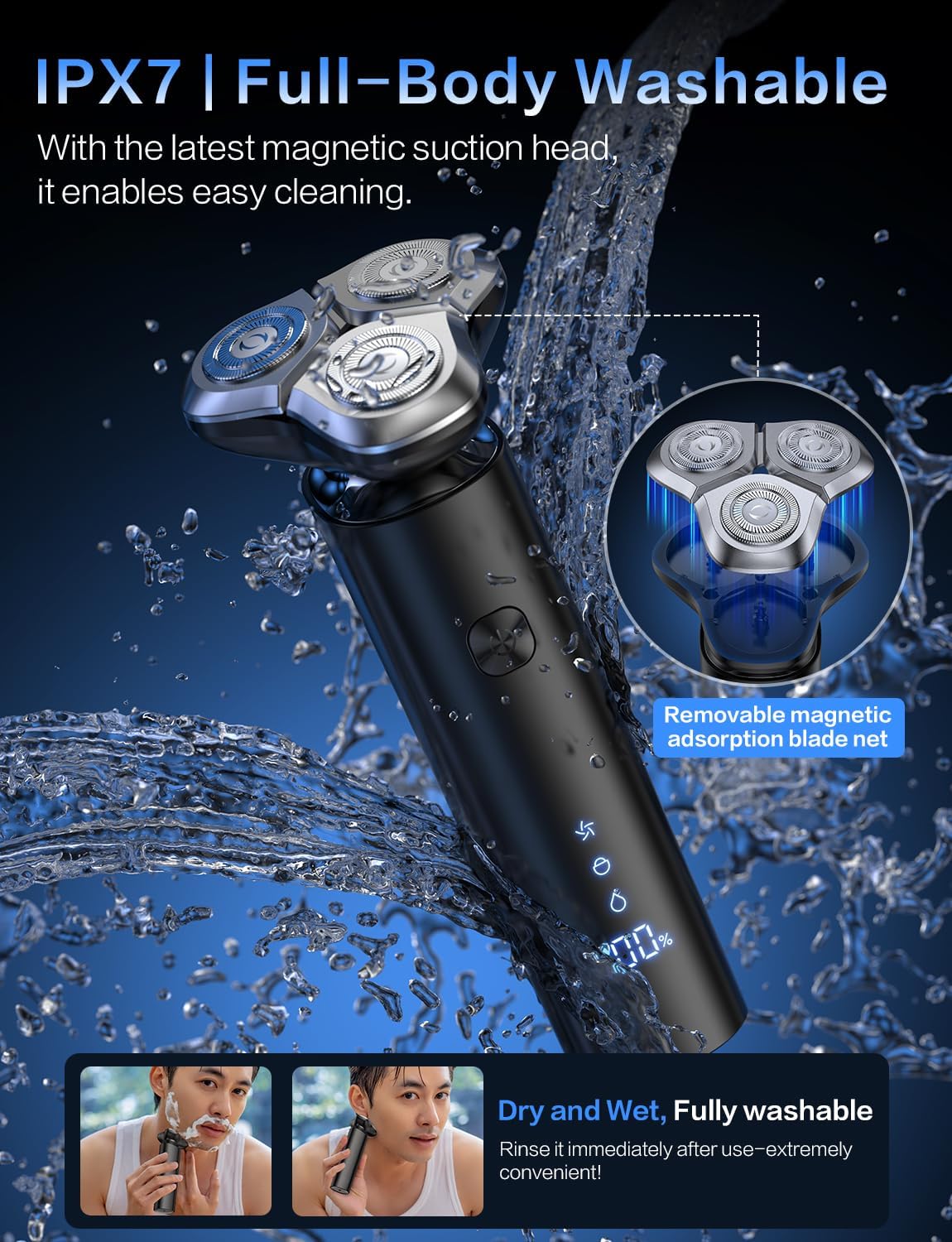 Electric Razor for Men, Men's Electric Shaver, 3-Blade Rotary Shaving System, Touch Switch, Type-C