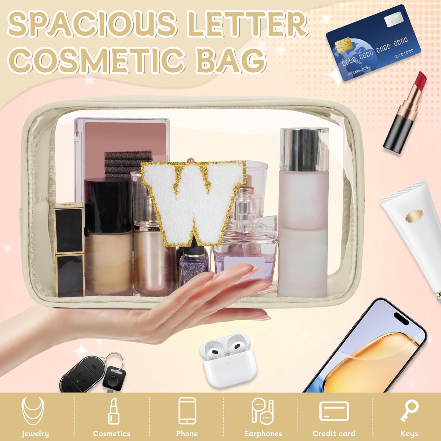 Personalized Initial Clear Makeup Bag, Travel Chenille Patch Cosmetic Bag, Preppy Toiletry Bag Monogram Cosmetic Pouch with Zipper, Ideal Gift for Teen Girls Women (Clear-Beige, W)
