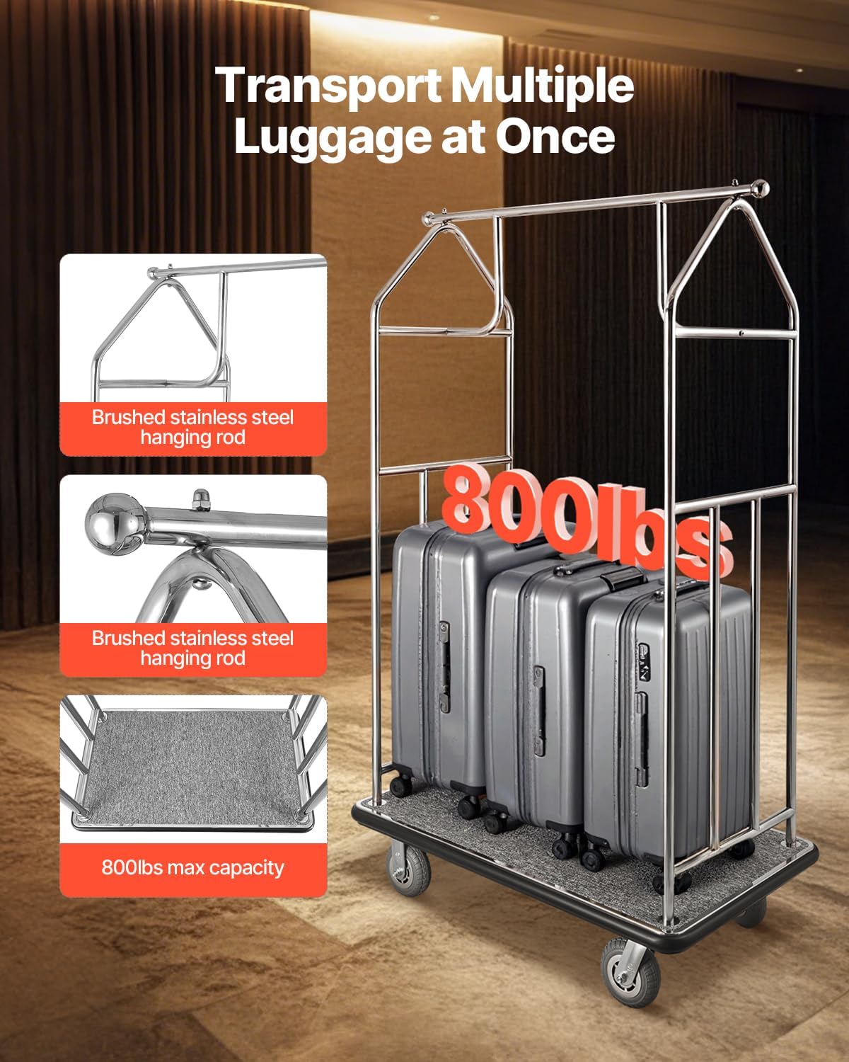 VEVOR Hotel Luggage, 800 LBS Load Capacity, Brushed Stainless Steel Finish Bellman's Cart, Valet Cart with Grey Carpeted Deck and 6-inch Rubber Wheels, Ideal for Hotels, Condos, Resorts, Silver