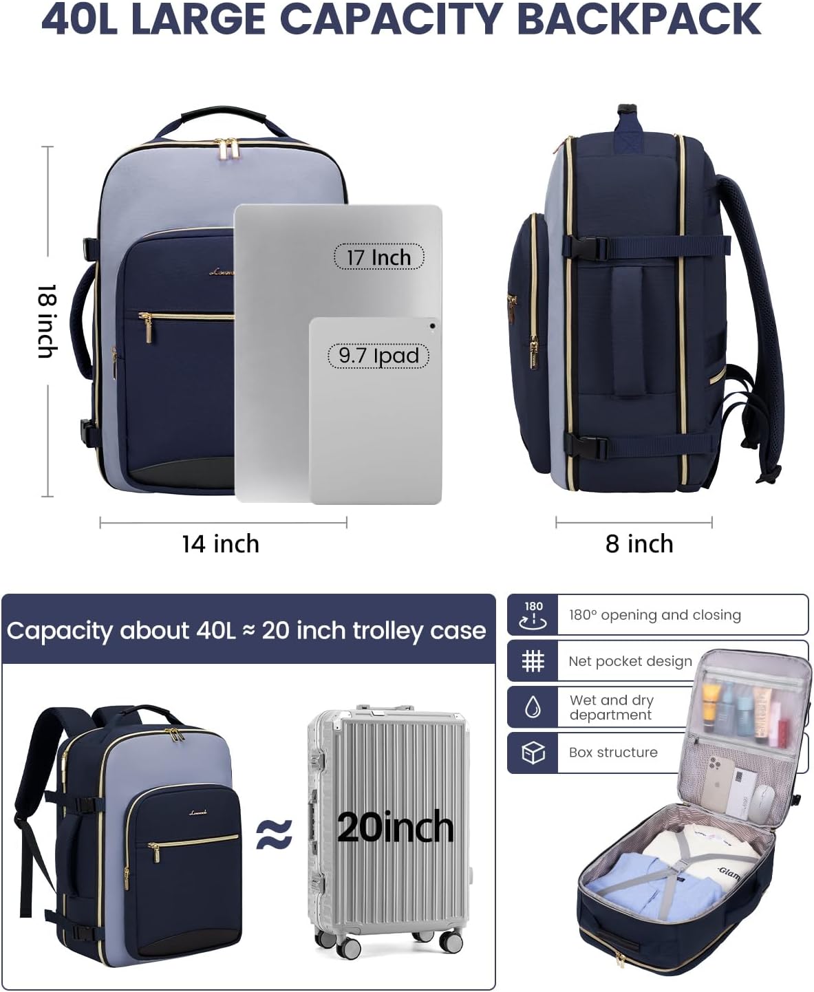 LOVEVOOK 40L Travel Backpack for Women & Men, Airline Approved Carry On Luggage with 3 Packing Cubes, TSA Overnight Bags, Waterproof Personal Item Bag, Weekender Essentials Backpacks fits 17" Laptop