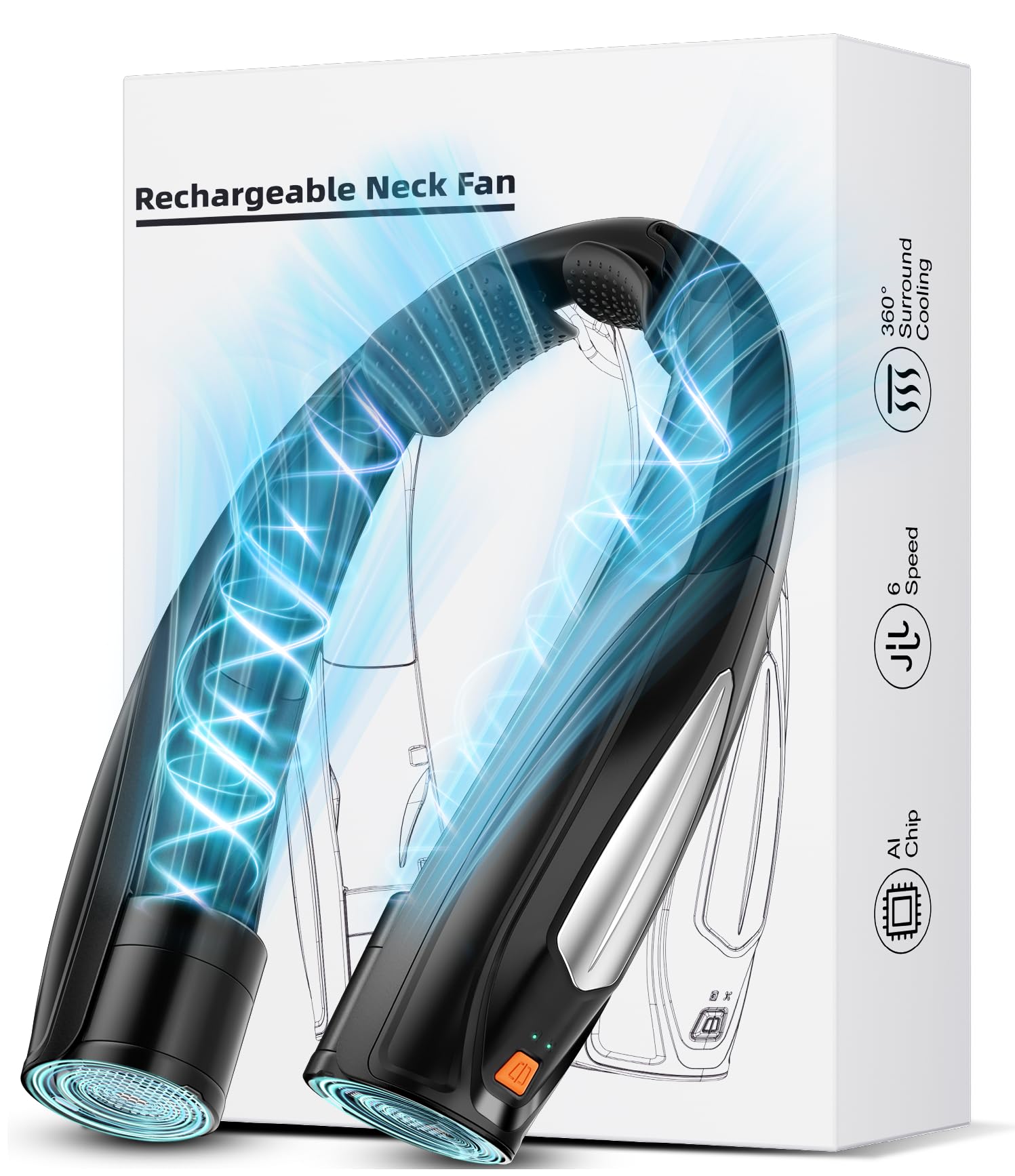 Hionly AI Neck Fan, 6 Speeds Adjustable Portable Personal Fan Rechargeable, Faster Cooling Wearable