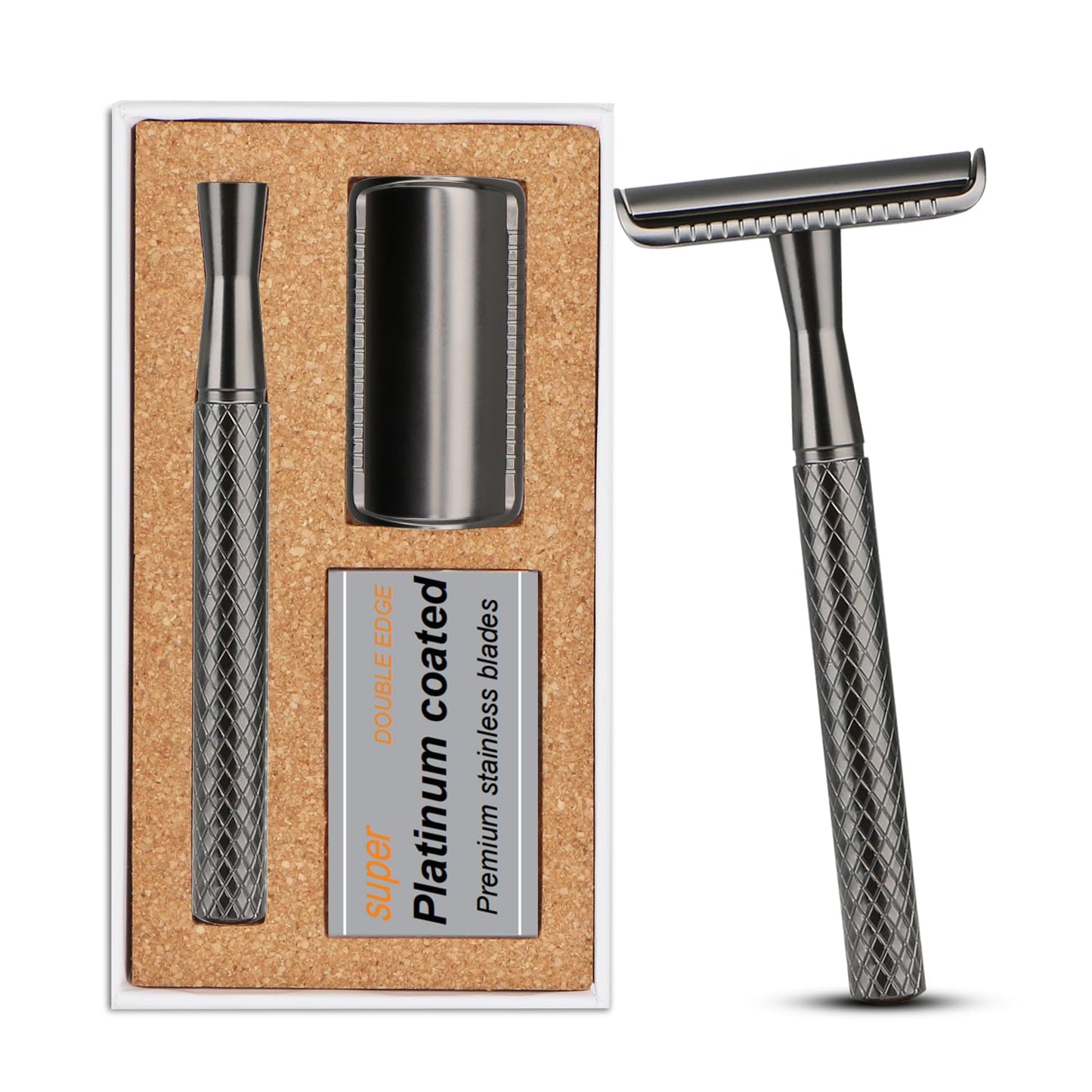 Gun Black Safety Razor - Single Blade Razors for Men - Reusable Metal Razor, with 5 Stainless Steel Double Edge Blades, Smooth Close Shave, Sustainable, Plastic Free