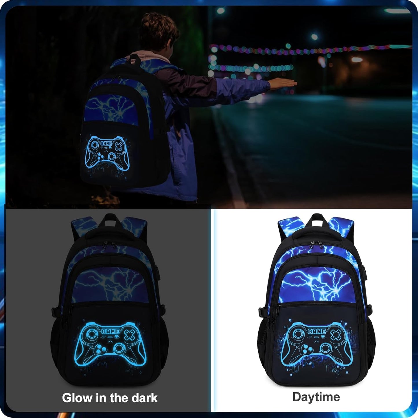 Boys Backpack for School, 3PCS Cool Luminous Gamer Backpack for Boys with Lunch Box Pencil Case, Kids Backpacks Bookbag for Teen Boy Elementary Middle High School with USB Charging Port