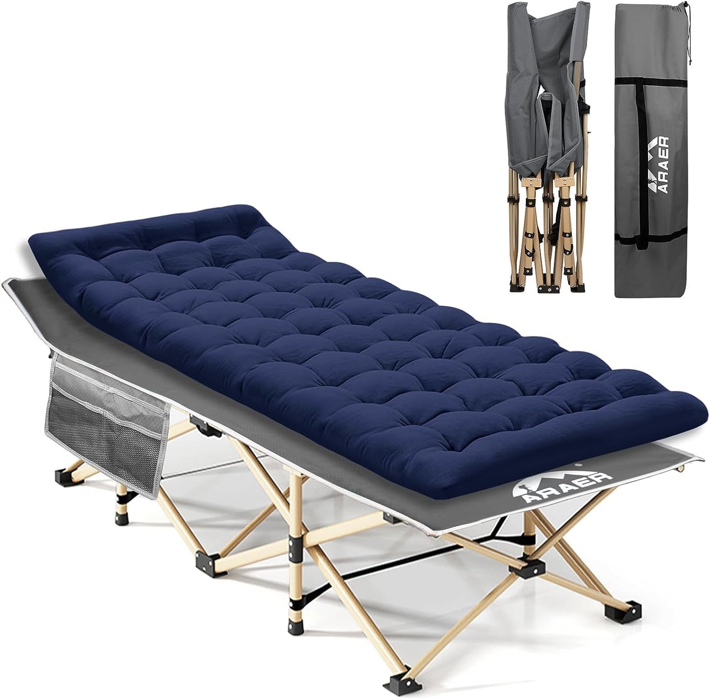 ARAER Camping Cot with Mattress 450LBS Portable Folding Outdoor Bed with Carry Bag for Adults Kids