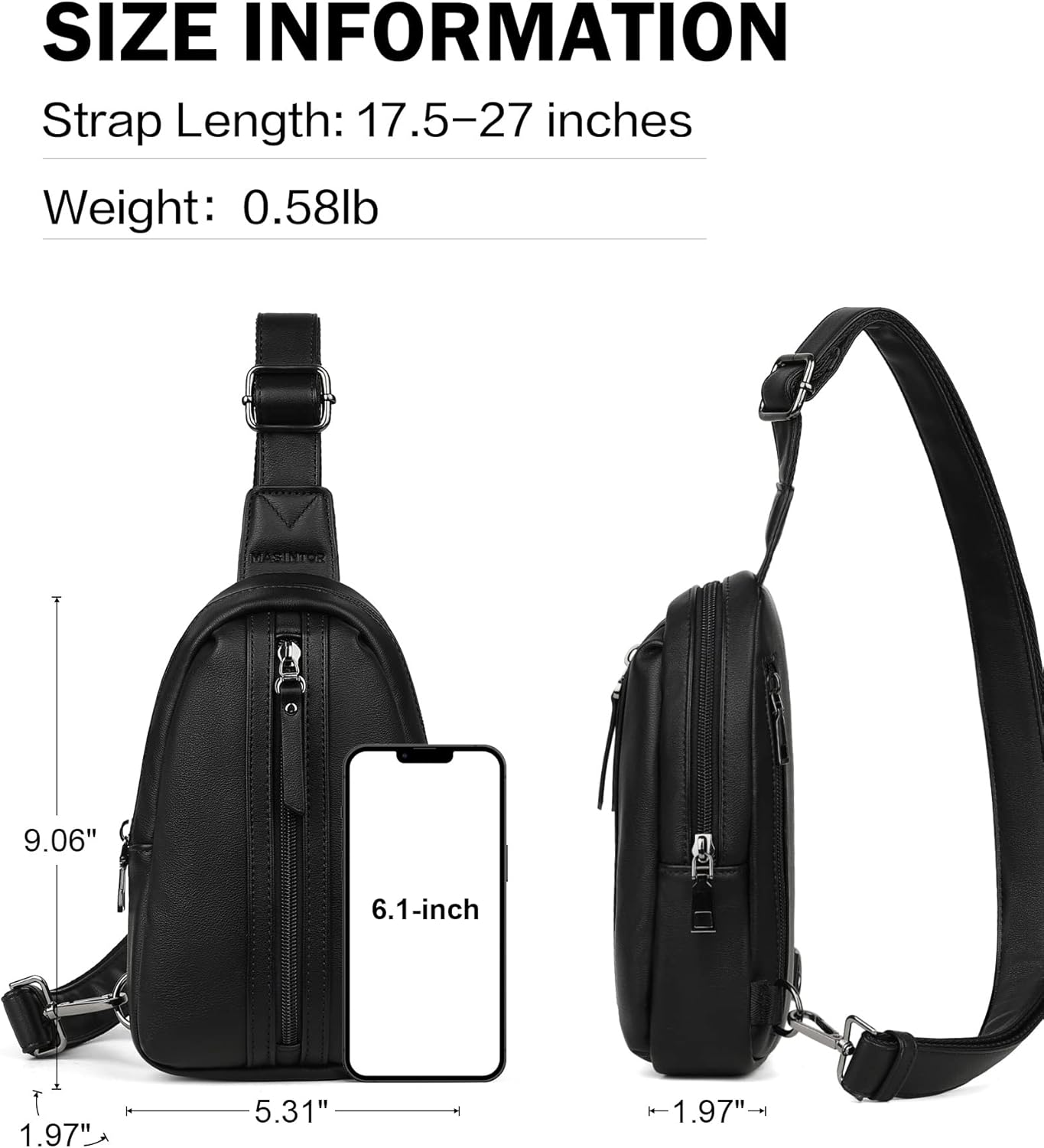 MASINTOR Small Sling Bag for Women and Men - Vegan Leather Crossbody Fanny Pack with Multiple Compartments for Everyday Use Pure Black