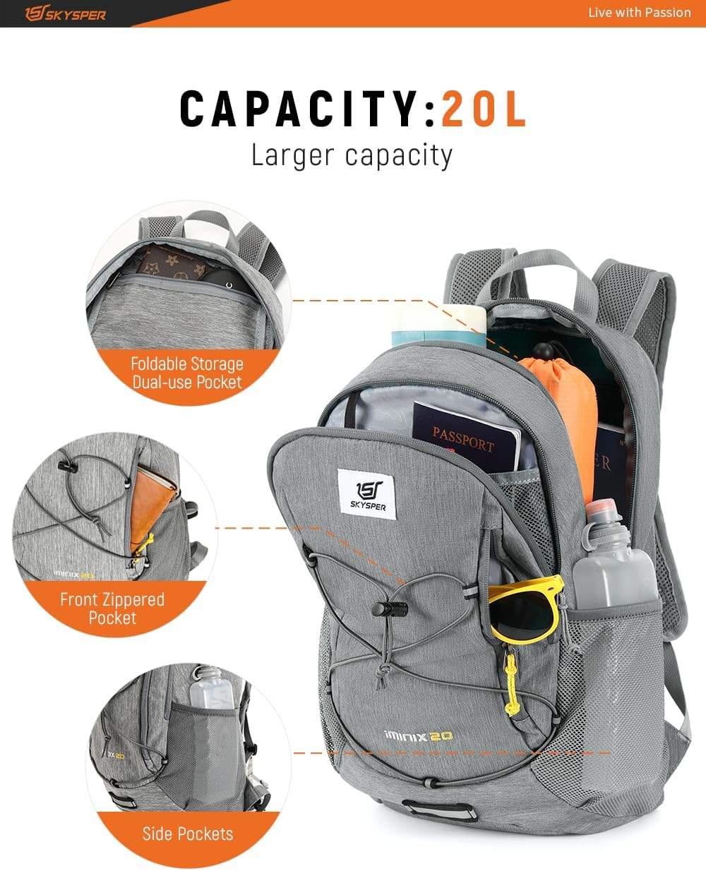SKYSPER Foldable Small Backpack – 20L Lightweight Hiking Daypack with Chest Belt Packable Travel Rucksack for Women Men