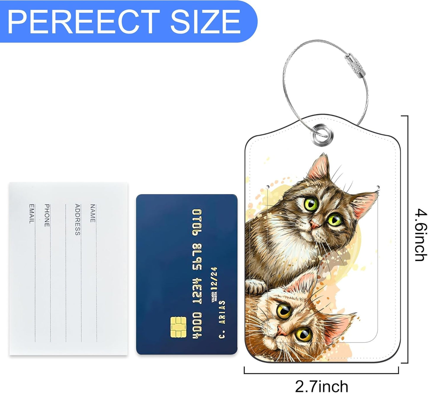 Cute Cats Luggage Tags Set of 2 Watercolor Style Kittens PU Leather Travel Baggage Tags with Privacy Cover and Stainless Steel Loop for Teens Adults Travel Bag Suitcase