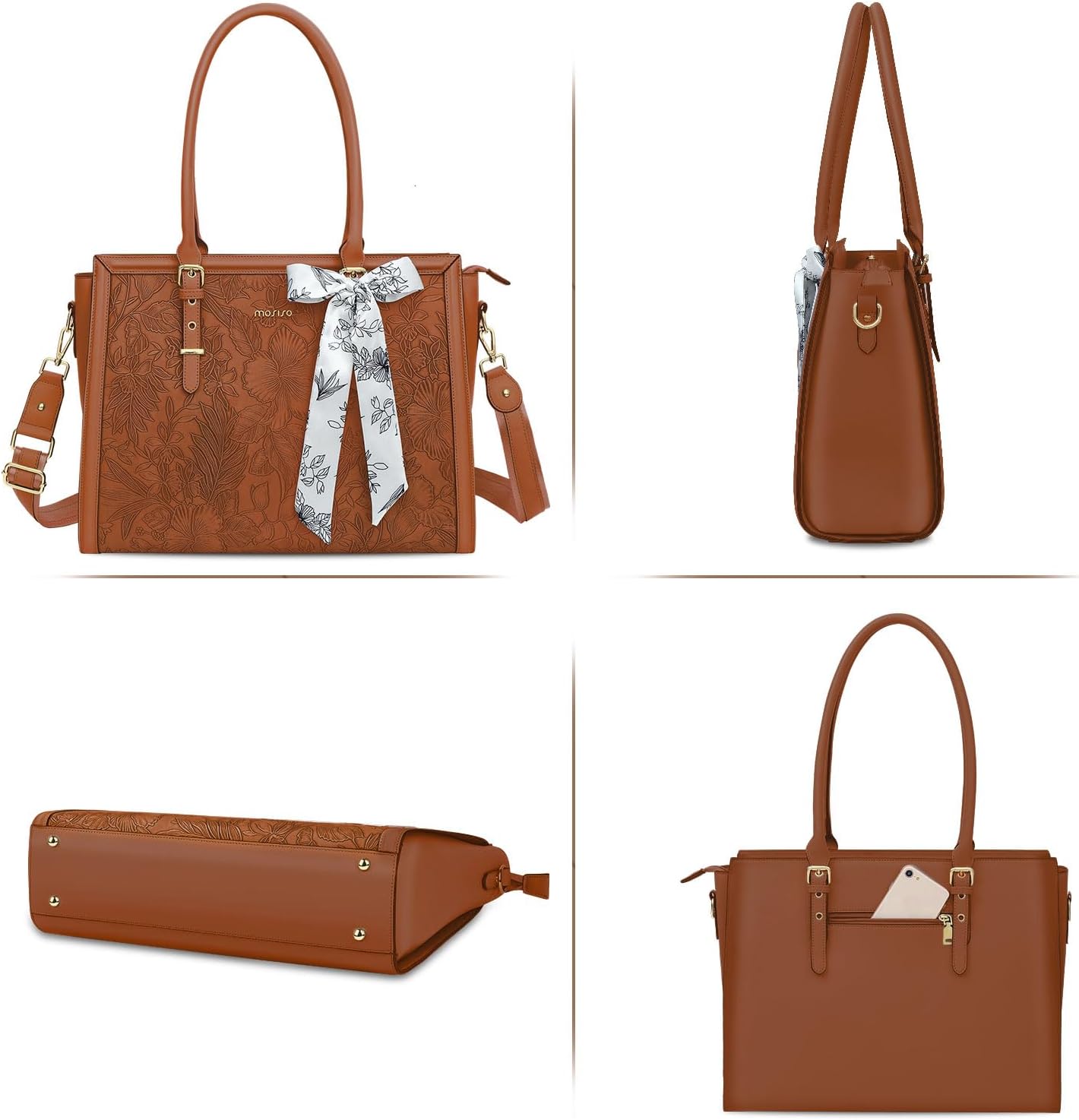 MOSISO Laptop Bag for Women, PU Leather Tote Bag, Front Embossed Retro Hibiscus Computer Bags with Silk Scarf&Clutch Purse
