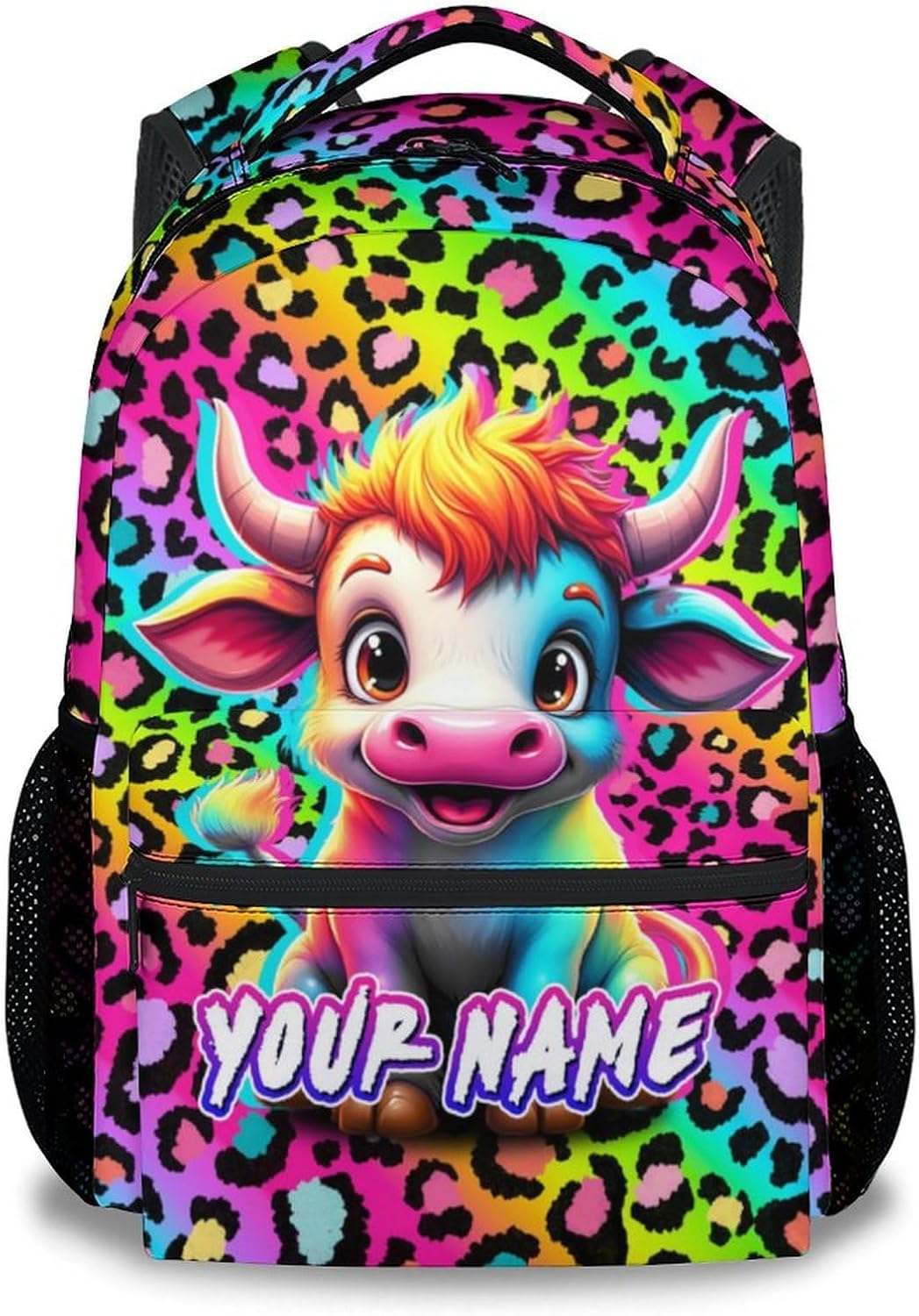 Custom Backpack for Girls - 17 Inch Cute Cow Backpack for Kids Children - Rainbow Cow Print