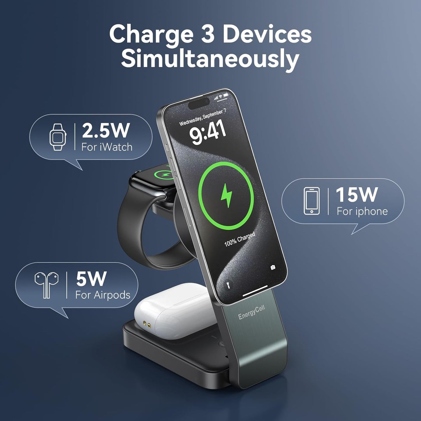 3-in-1 Wireless Charging Station for Apple Devices, Qi2 Certified 15W Charger Stand, Magnetic Foldable Fast Charger for iPhone 16/15/15 Pro/14/13/12, Apple Watch, AirPods (30W USB-C Charger Included)