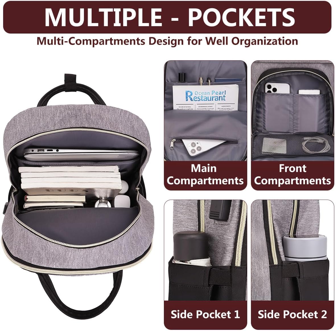 Laptop Backpack for Women/Men, Fits 15.6 Inch Laptop Bag, Fashion Travel Work Anti-theft Bag, Business Computer Waterproof Backpack Purse, Grey Black