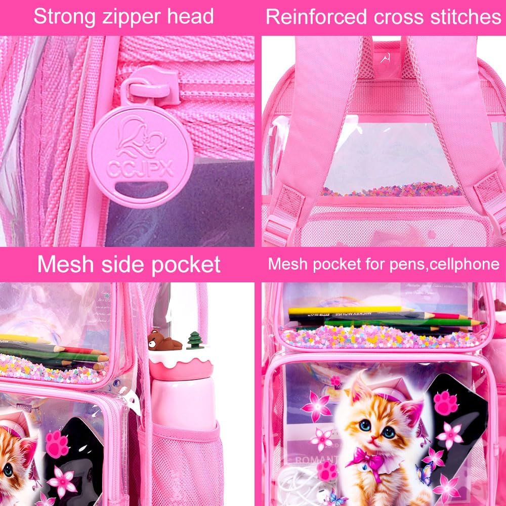 Clear Backpack for Girls and Boys, Kids Transparent Bookbag, 3PCS Cute See Through School Bag for Elementary Prechool