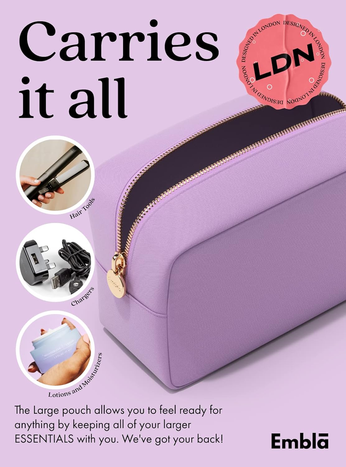 Embla Makeup Bag Travel Cosmetics Pouch and Toiletry Bag, Nylon Zipper Pouch Purse, Cute Make Up Organizer Storage Tote for Women Girls, Waterproof Travel Skincare Case, Large Makeup Bags, Grape