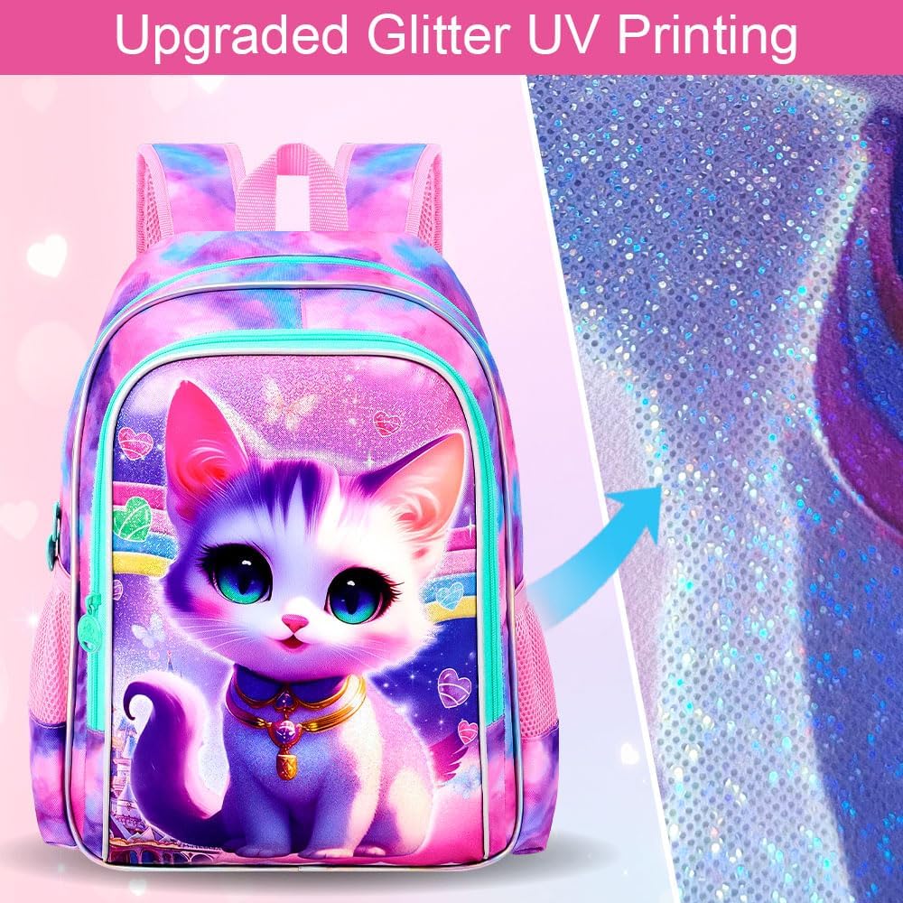 3PCS Girls Cat Backpack, Water Resistant Kids Bookbag Set with Lunch Box, Cute School Bag for