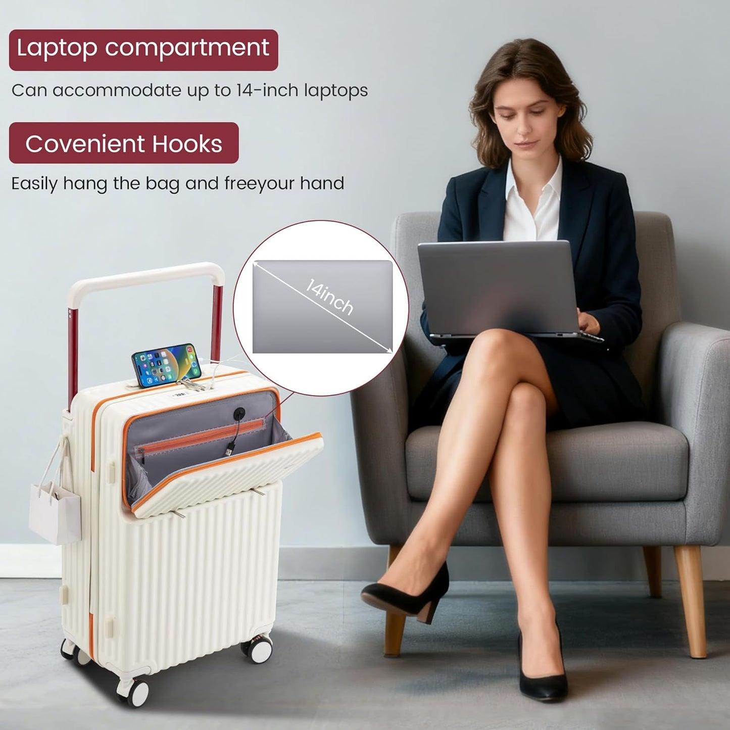 20 Inch Carry On Luggage with Spinner Wheels,PC Hard Shell Suitcase with USB Port,Lightweight Travel Luggage Airline Approved for Men Women, White