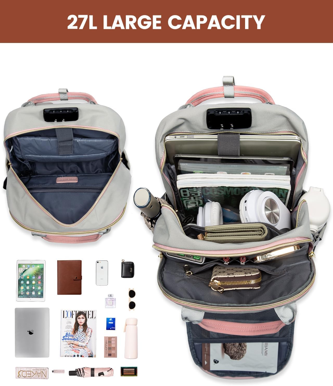 LOVEVOOK Laptop Backpack for Women, Large Capacity Travel Anti-Theft Bag Business Work Computer Backpacks Purse, Casual Hiking Daypack, 15.6 Inch, Light Grey-Pink