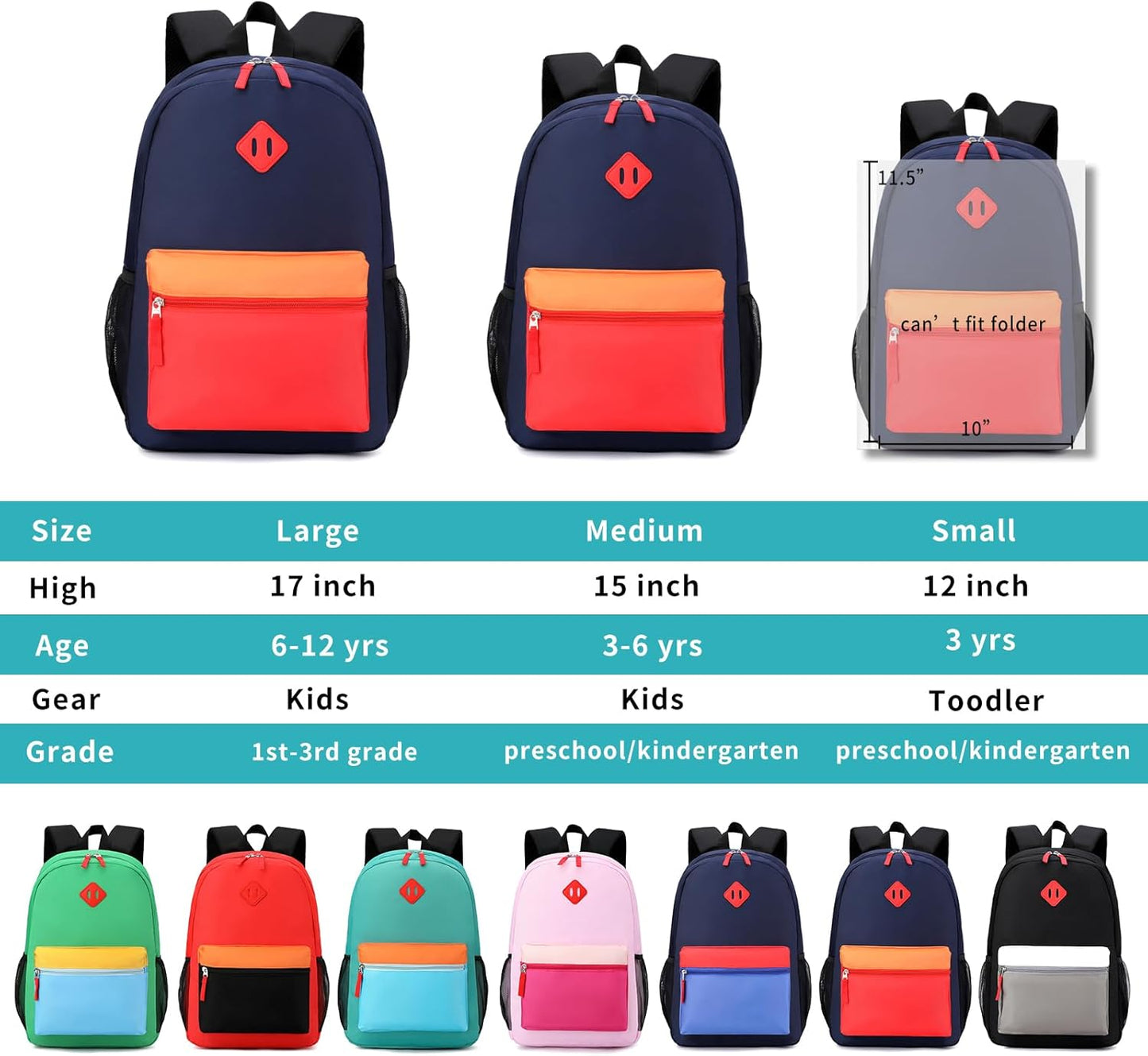 Toddler Backpack, Preschool Backpack for Kids Boys and Girls Kindergarten Preschool Bookbag with Chest Buckle 3-6 Years (Navy Red, Medium-15inch)