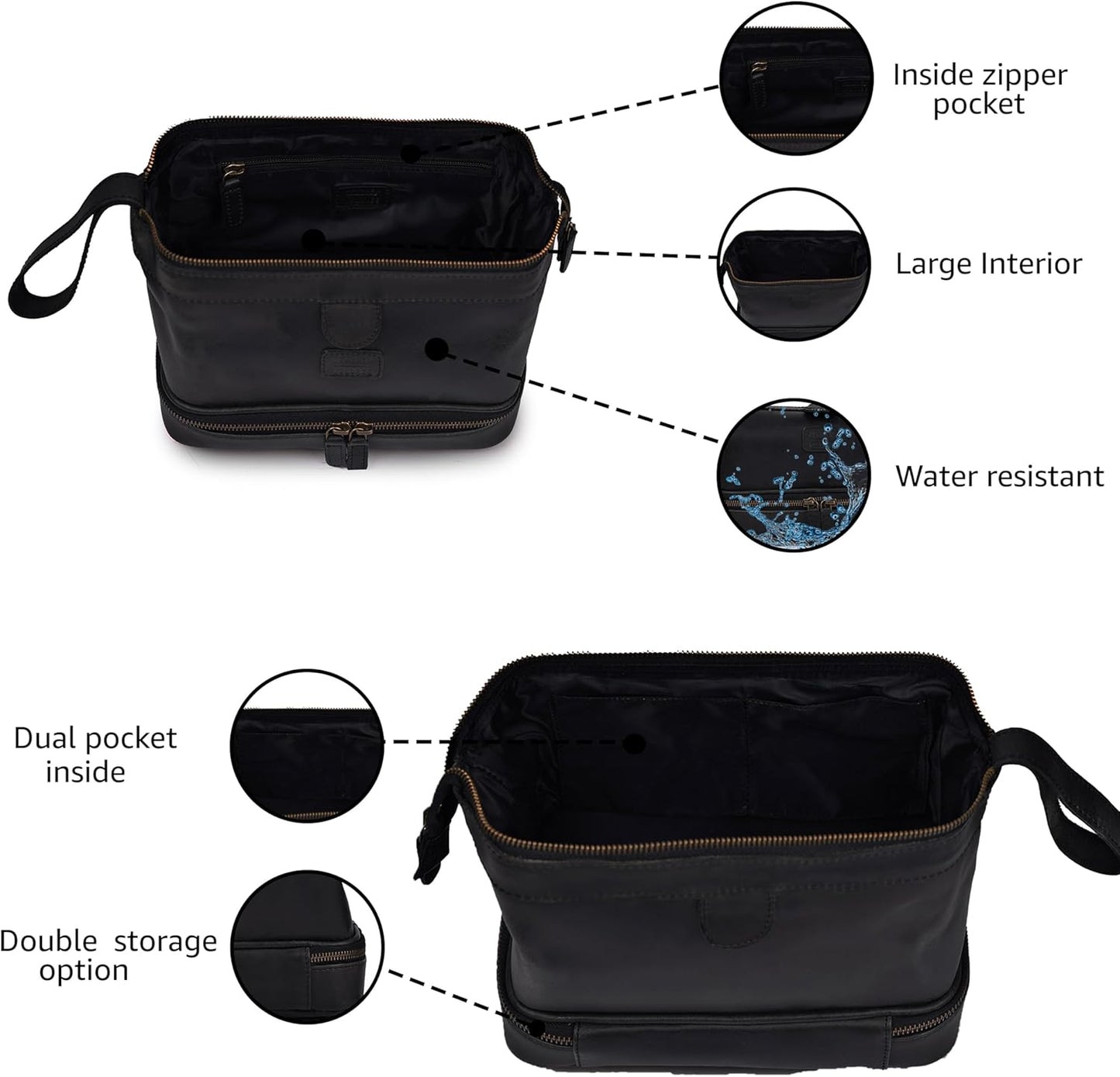 LEATHER VILLAGE Genuine Leather Dopp Kit – Large Travel Toiletry Bag with Waterproof Lining, Dual-Zip Design for Men & Women, Organizer for Shaving, Makeup & Essentials - Black