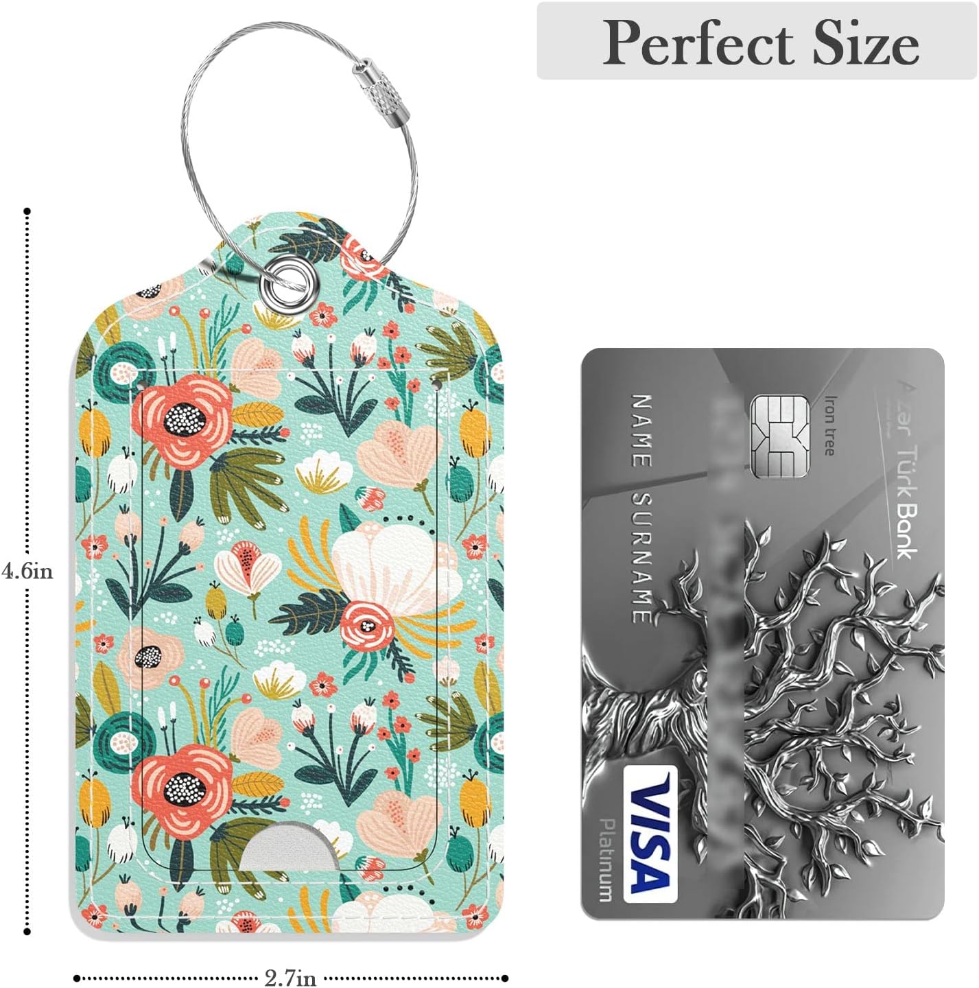 Luggage Tags for Suitcase, 2 Pack PU Leather Travel Cruise Luggage Tag with Privacy Flap, Name ID Label and Metal Loop for Women Men Suitcase Baggage Bag Backpack Instrument, Green Flowers