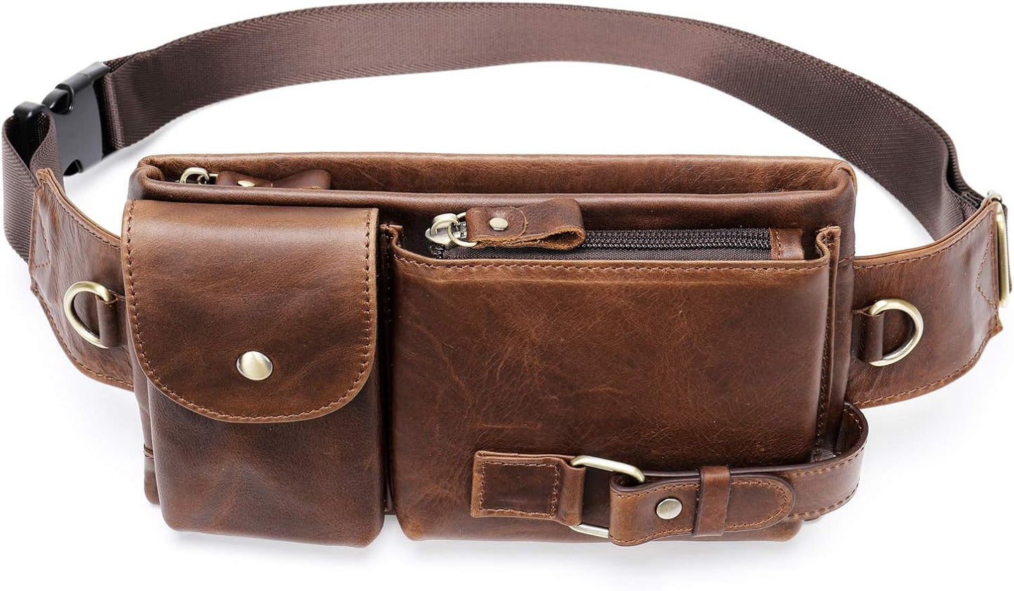 NIUCUNZH Cowhide Waist Fanny Pack-Genuine Leather and Slim with Adjustable Waistband Oil Coffee