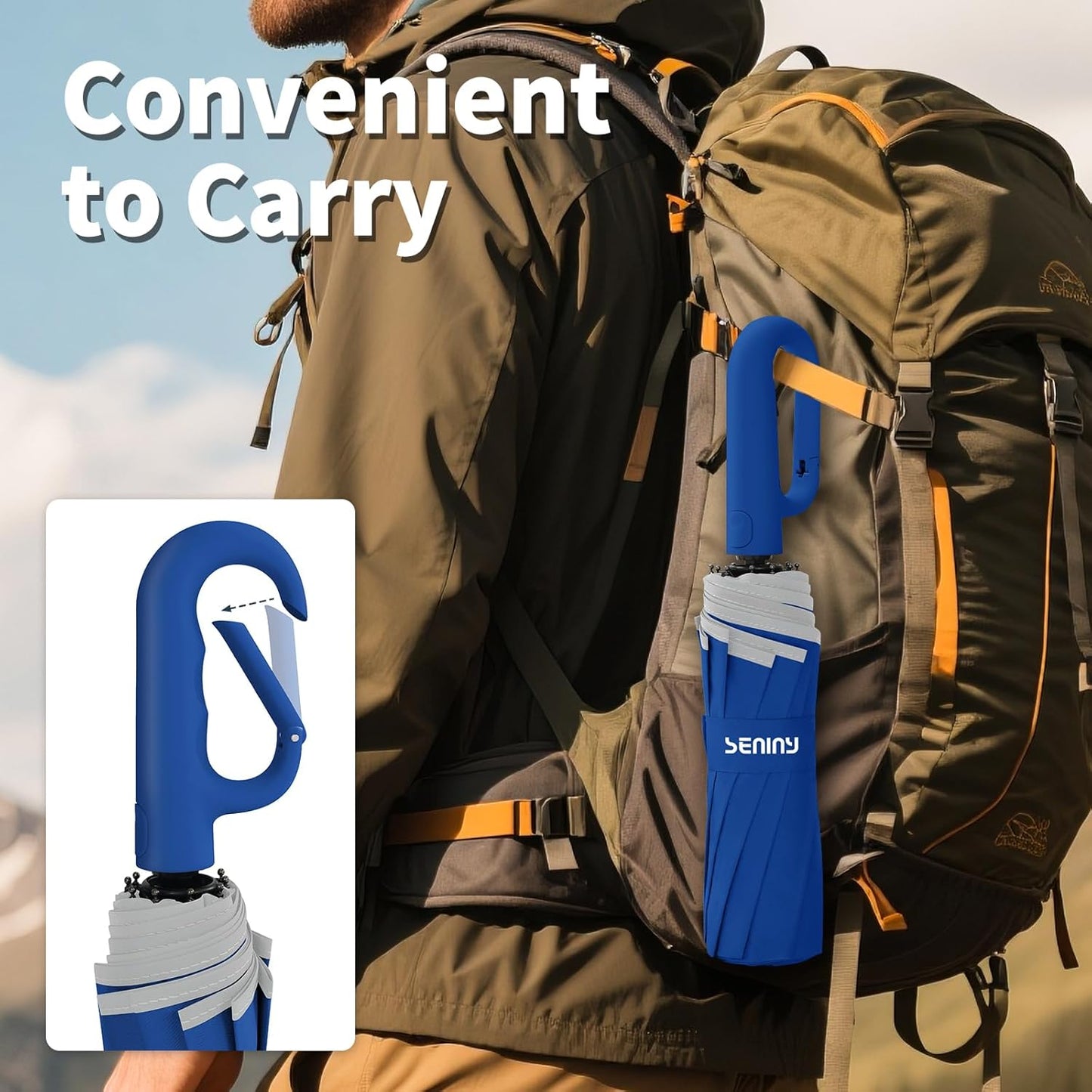Seniny Travel Umbrella with Carabiner Handle, Windproof Large Umbrellas for Rain with Dual-Rib Structure, Portable Compact Umbrella with Reflective Strip, Car Backpack UV Umbrellas for Sun Protection