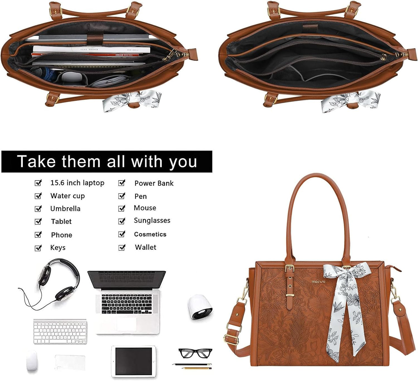 MOSISO Laptop Bag for Women, PU Leather Tote Bag, Front Embossed Retro Hibiscus Computer Bags with Silk Scarf&Clutch Purse